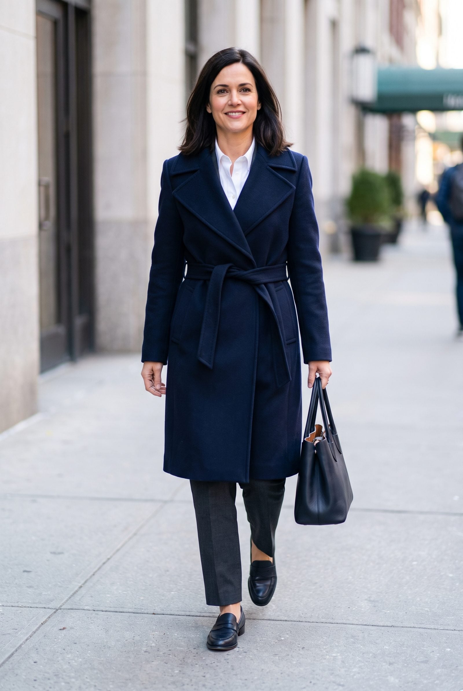 Closet rail with one navy wool mid-calf overcoat centered among a few everyday garments.