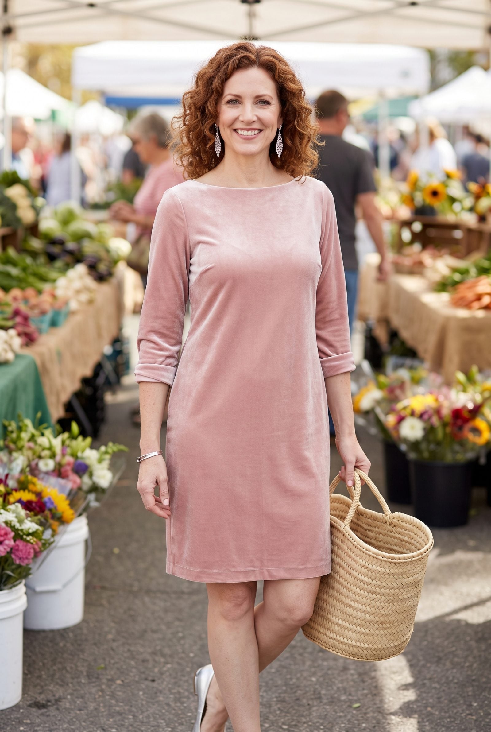 Cool Pink Velvet Dress With Silver Crystal Earrings