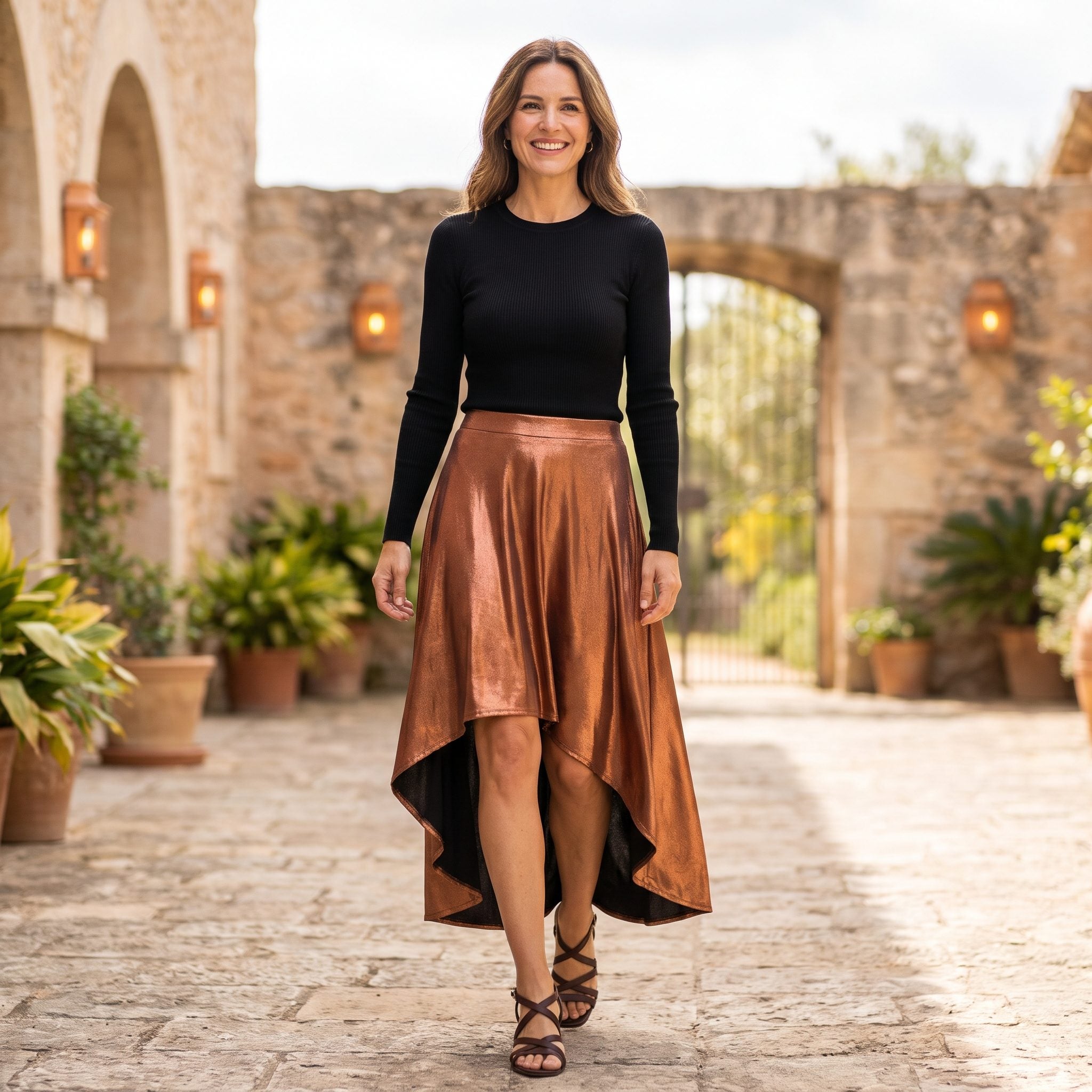 Copper Lamé Skirt with a Black Fine Knit