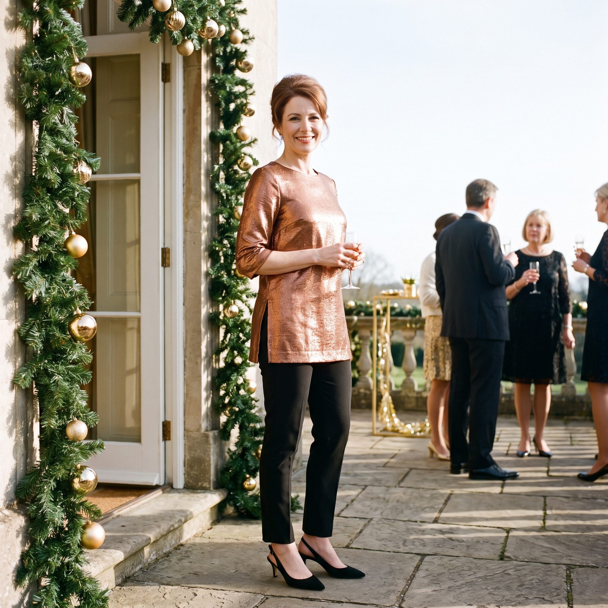 Copper Lamé Tunic and Black Trousers