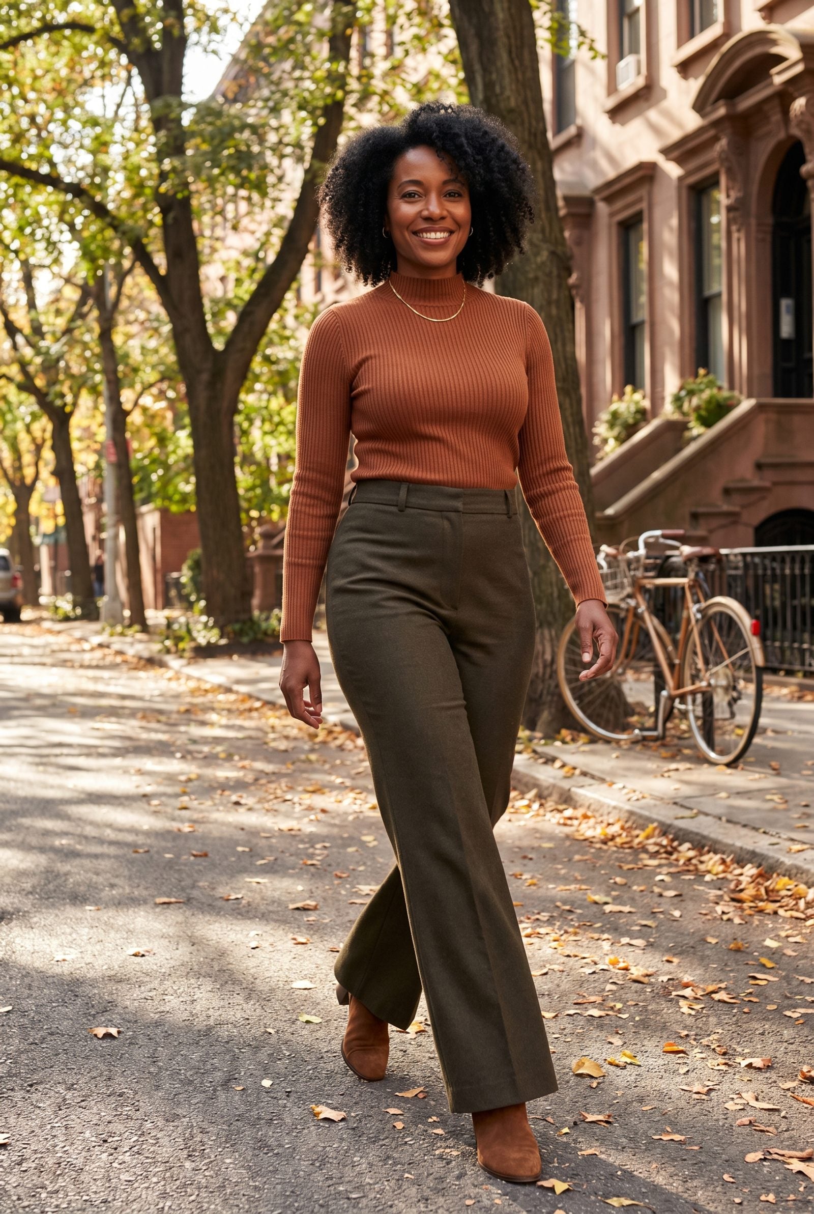 Copper Mock Neck + Dark-Olive Flared Pants