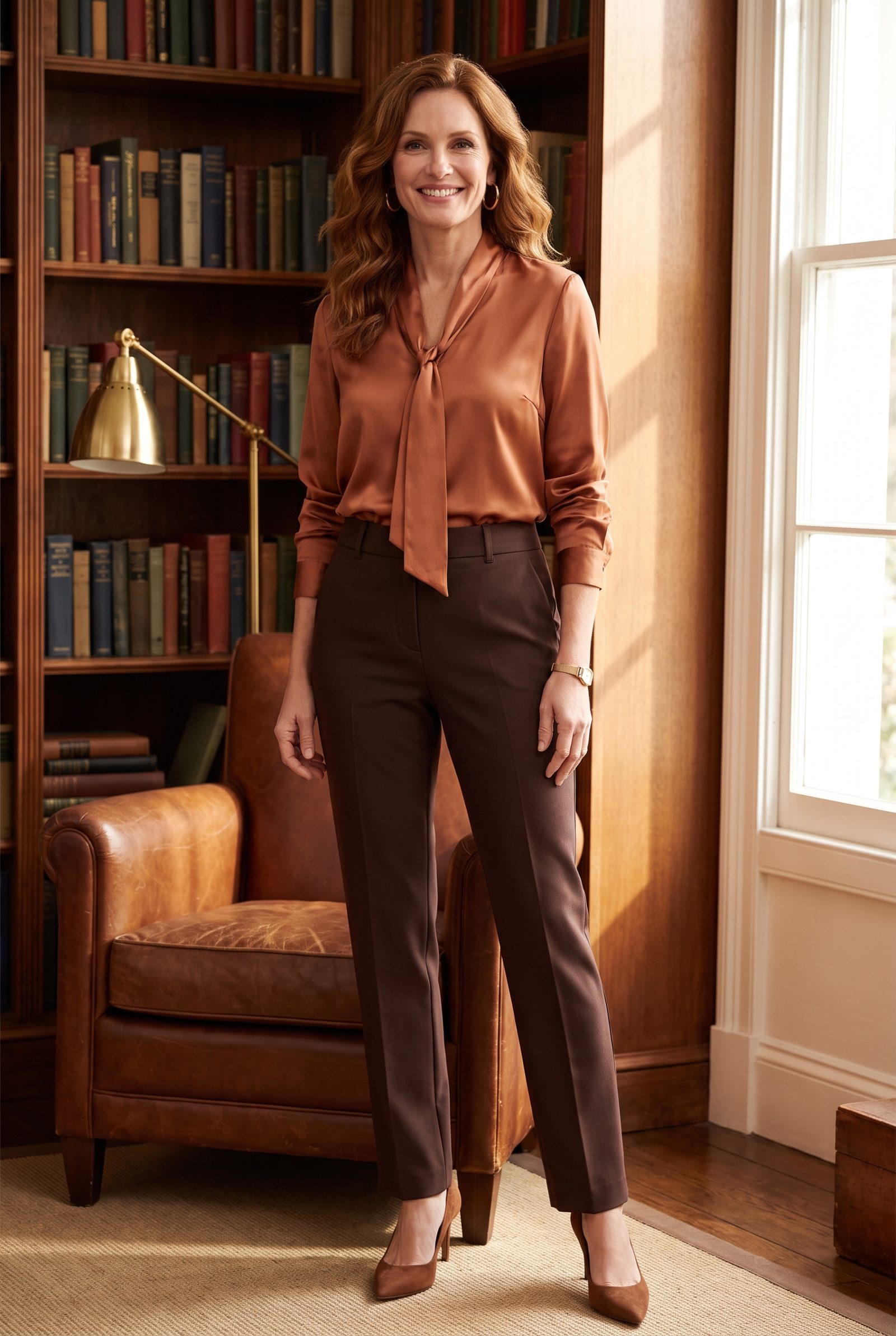 Copper Satin Blouse With Dark Brown Tailored Pants