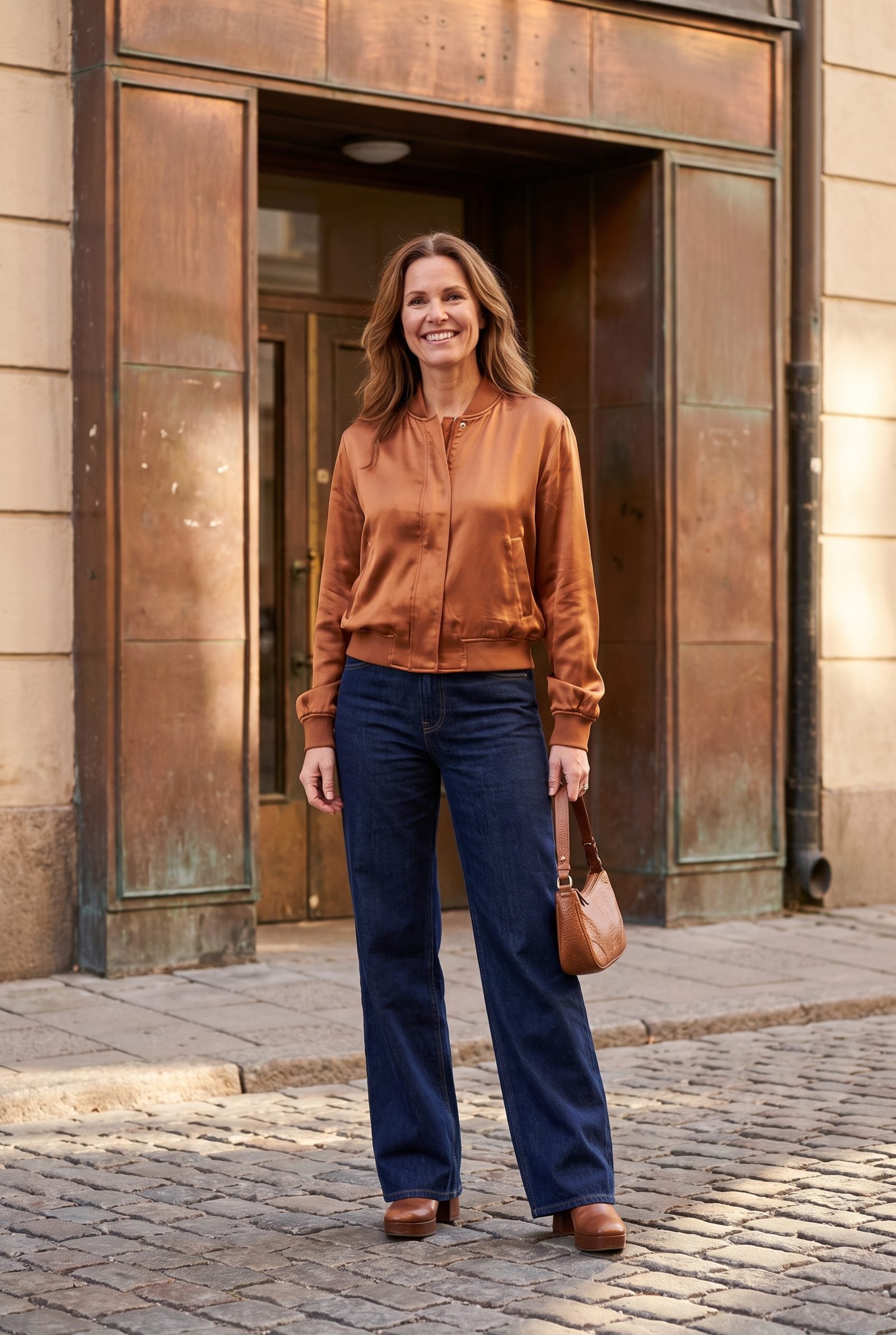 Copper Satin Bomber With Dark Wide-Leg Jeans