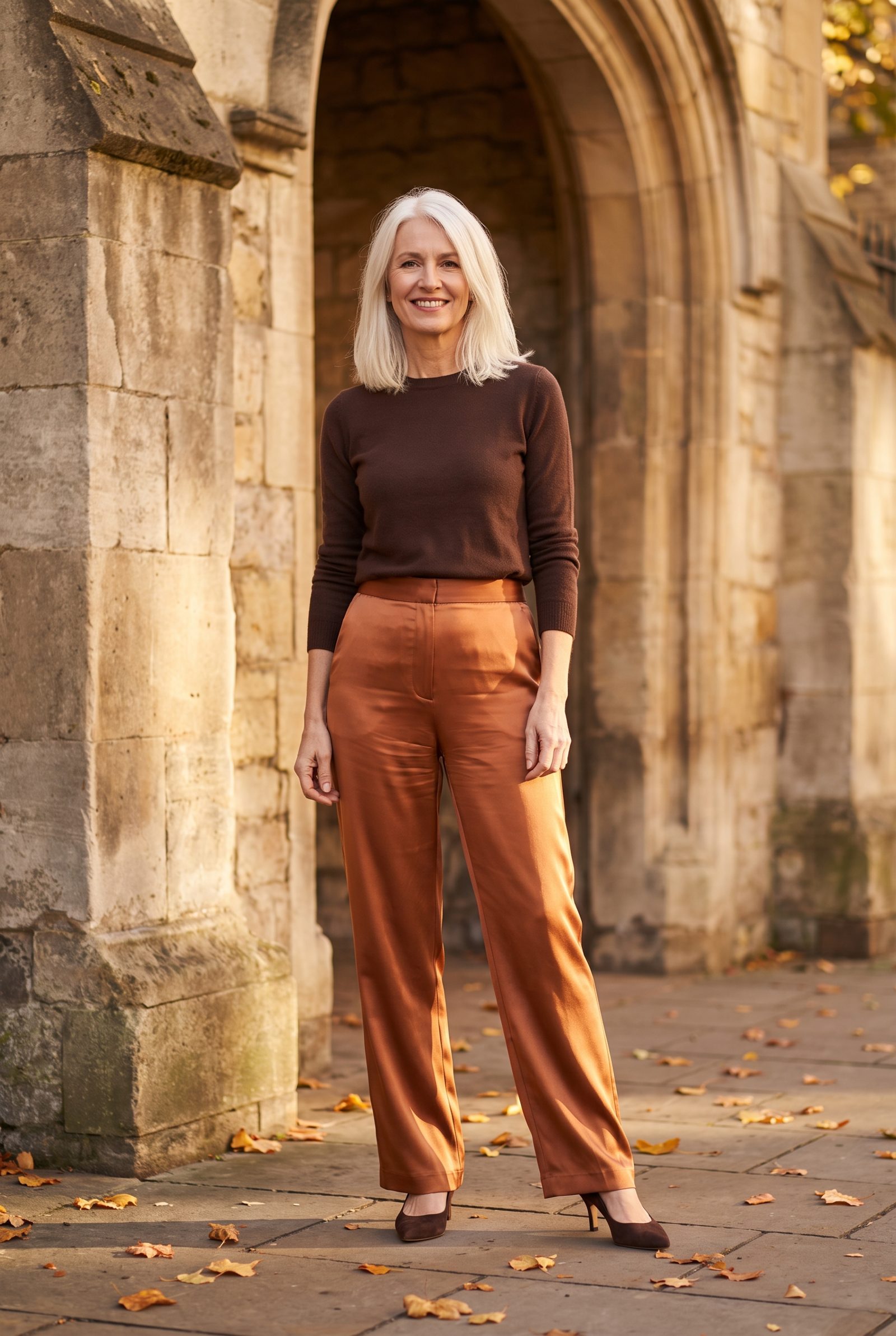 Copper Satin Trousers With Dark-Chocolate Pumps