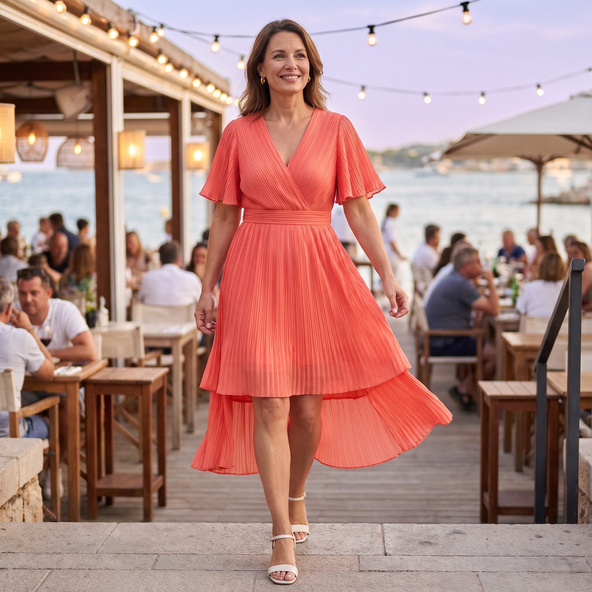 Coral Plissé Dress with a Three-Level Hem
