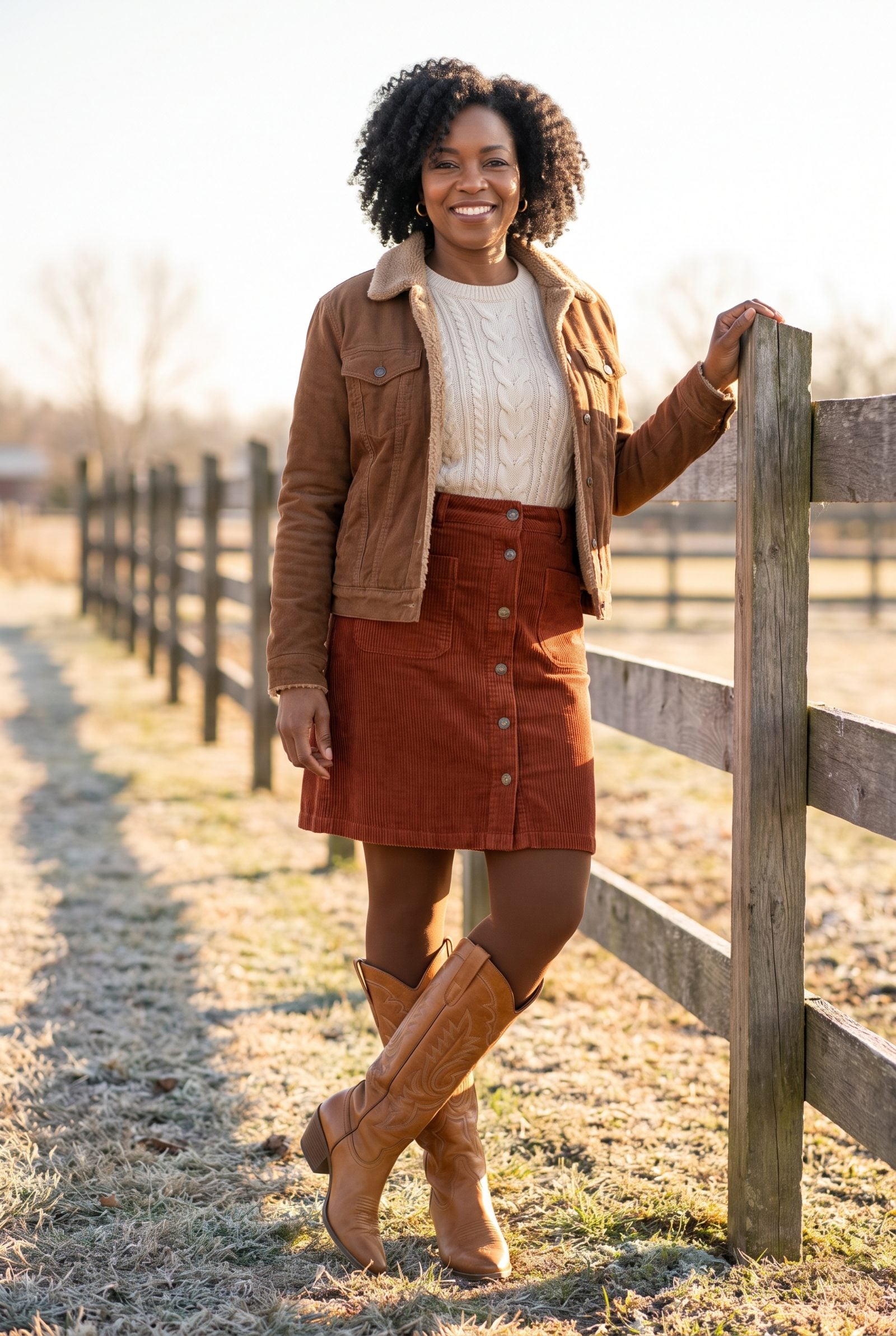 Corduroy Button-Front Skirt With Tall Western Boots