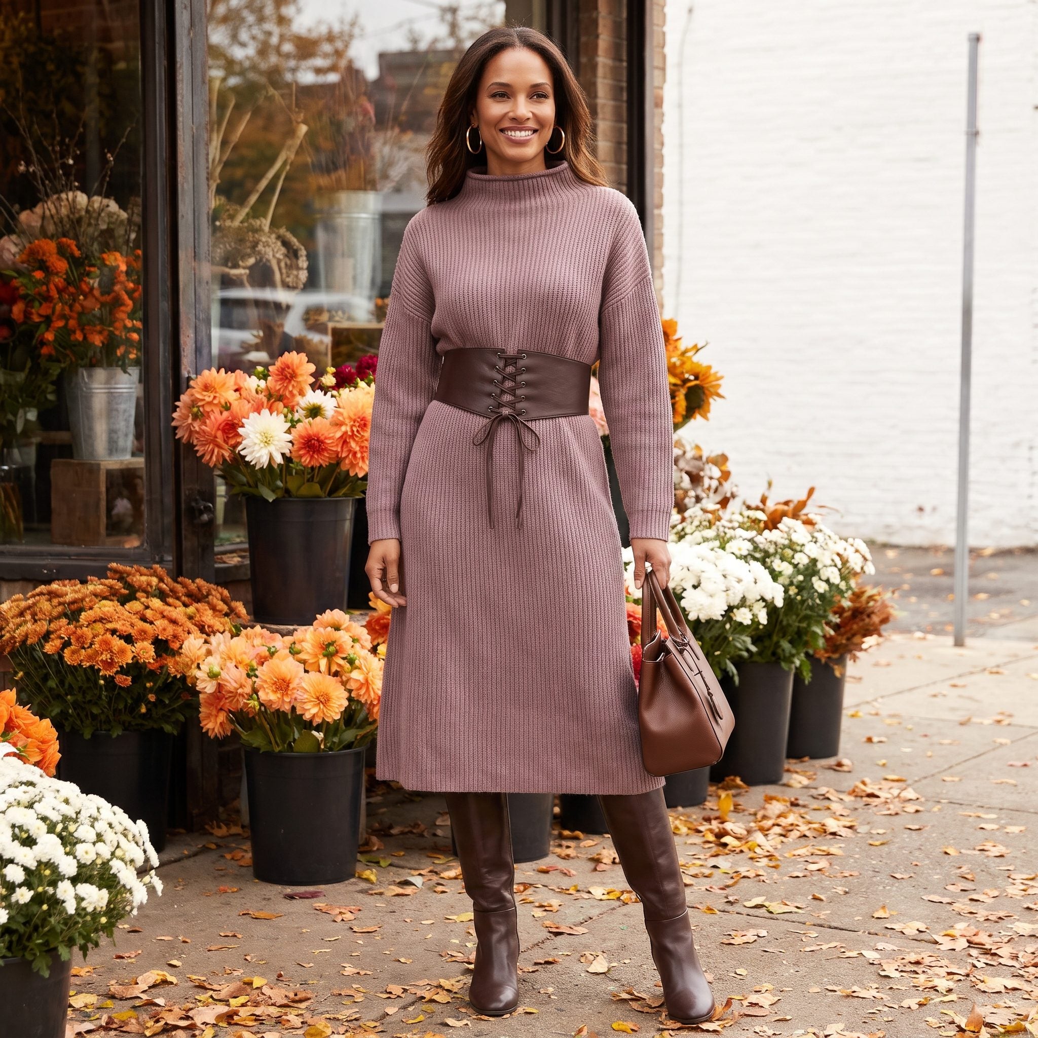 Mauve ribbed sweater dress with an espresso leather corset belt