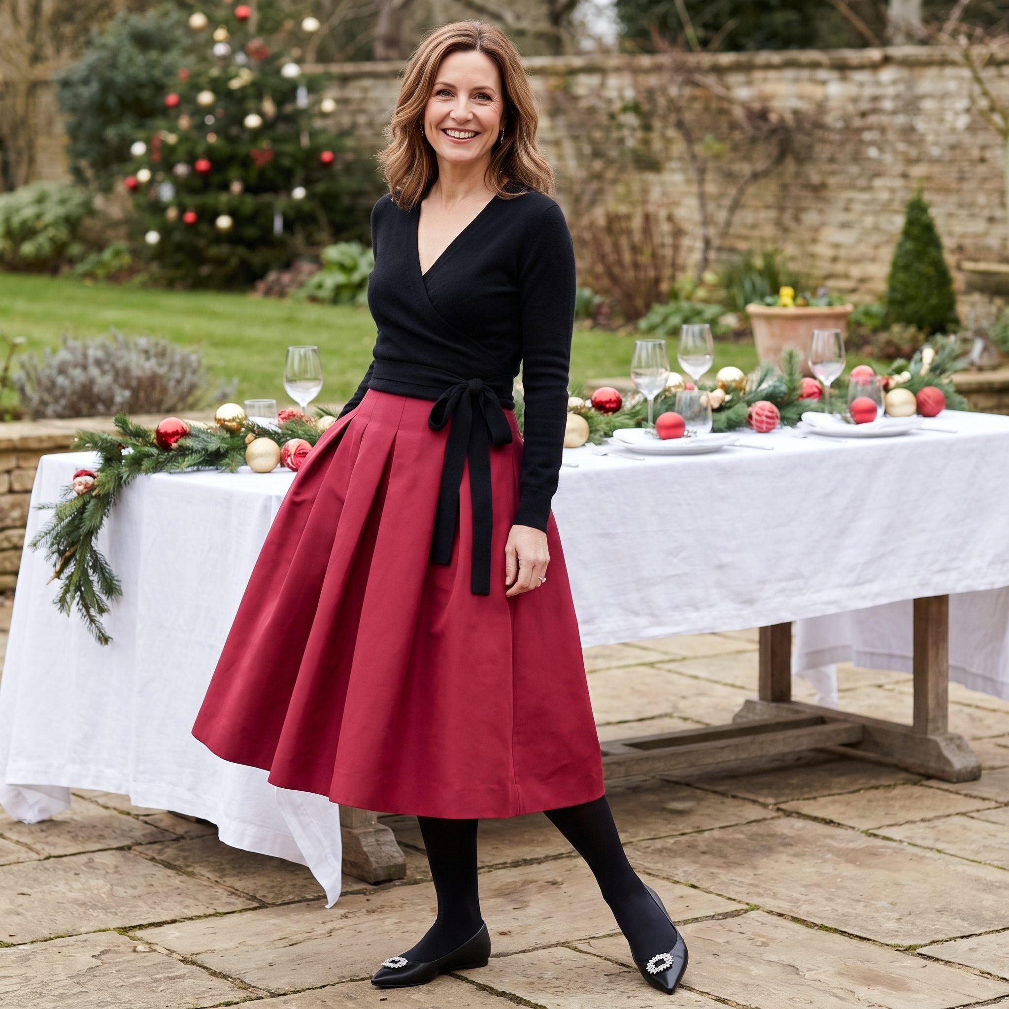 Cranberry Box Pleats with Brooch-Detail Flats
