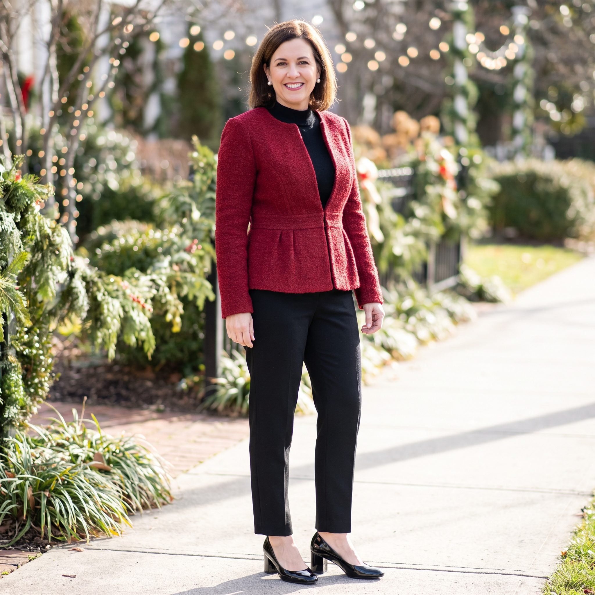 Cranberry Peplum with Patent Pumps