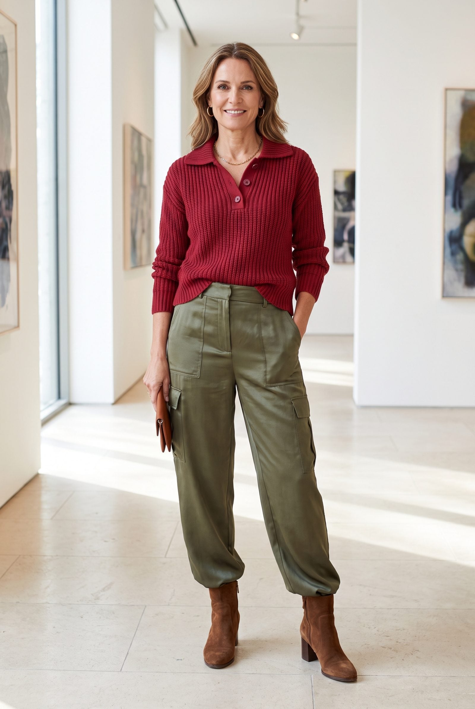 Cranberry Polo Sweater + Olive Satin Cargo Pants