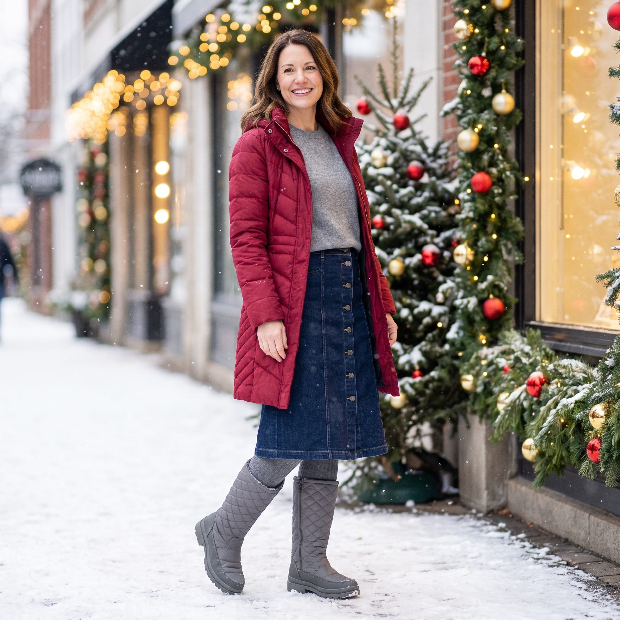 Cranberry quilted coat with denim midi skirt and gray snow boots