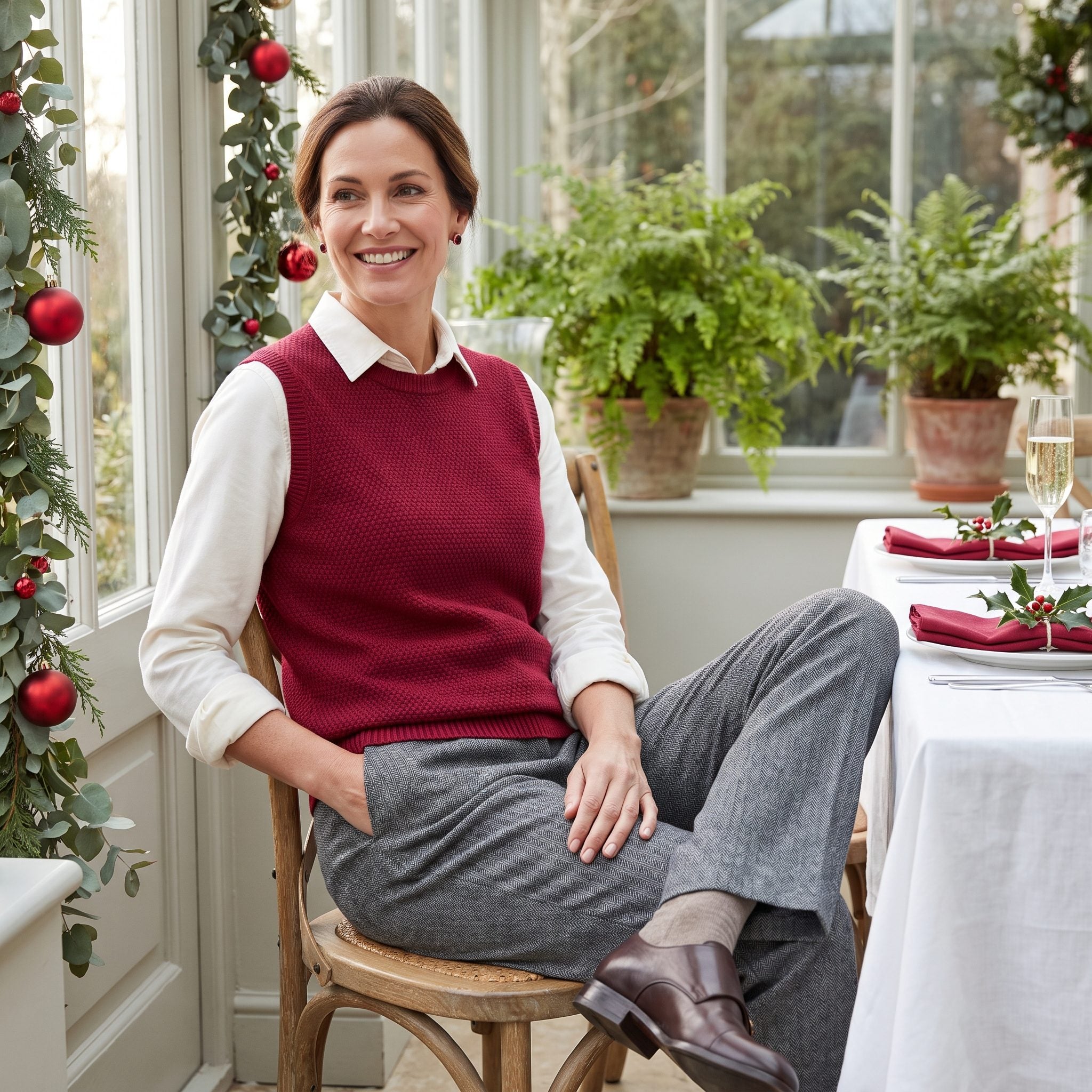 Cranberry Sweater Vest with Monk-Strap Shoes