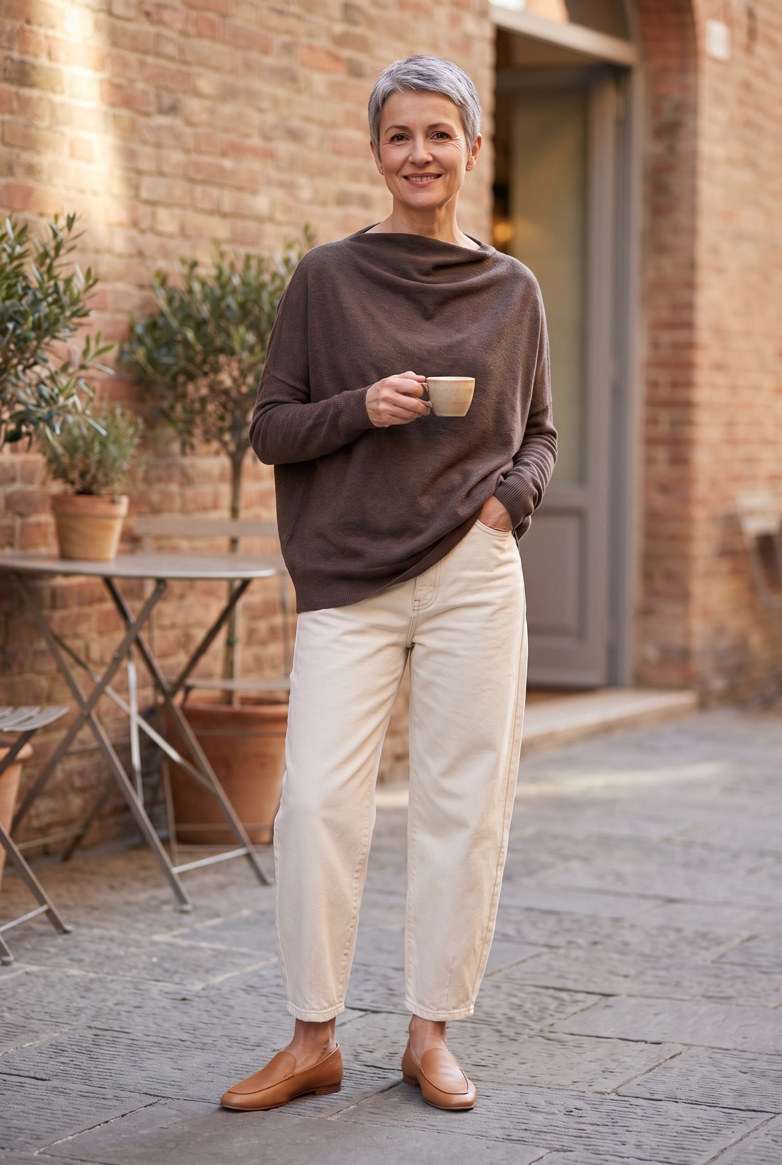 Cream Barrel Jeans + Espresso Draped Sweater