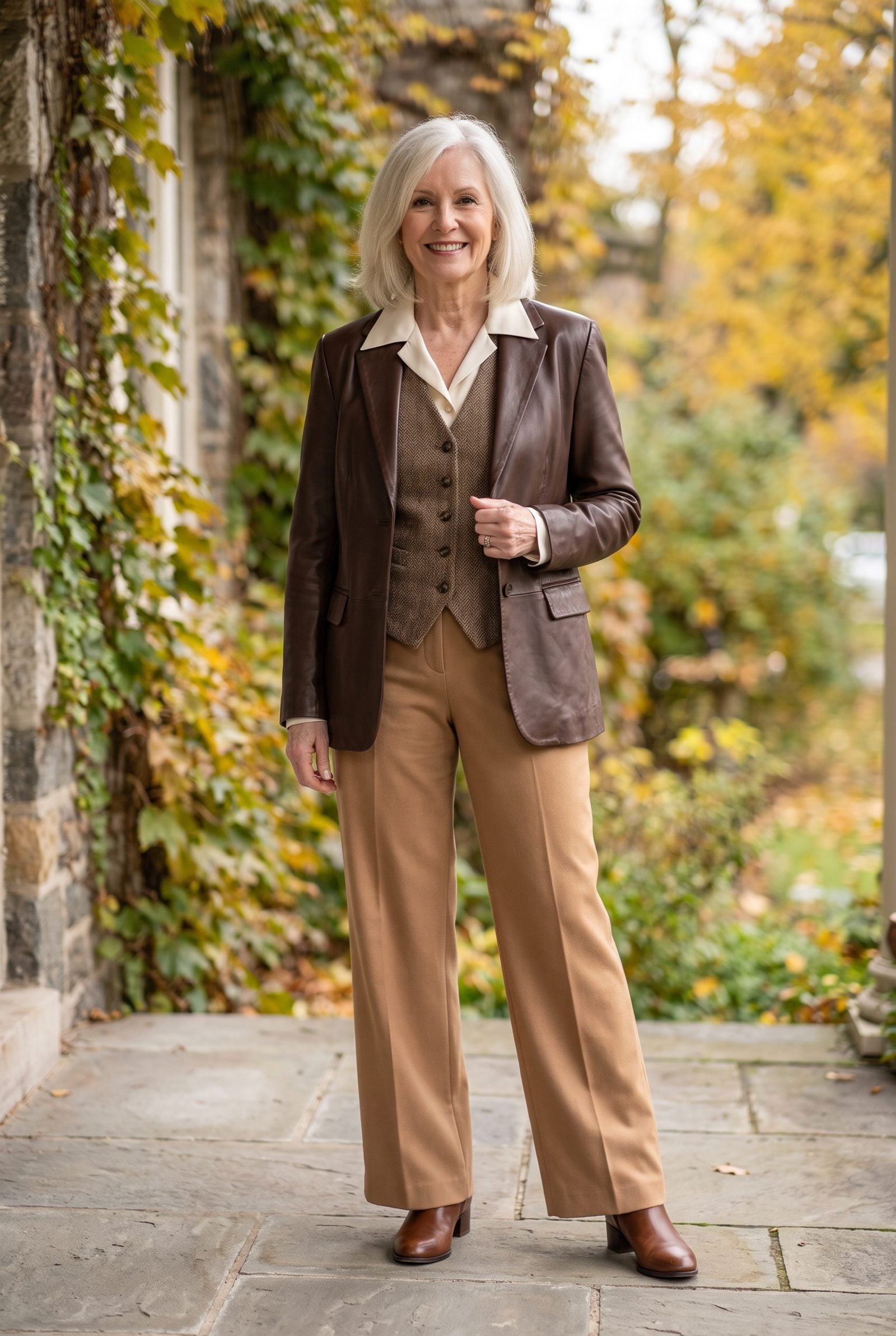 Cream Blouse + Tweed Vest + Chocolate Leather Blazer