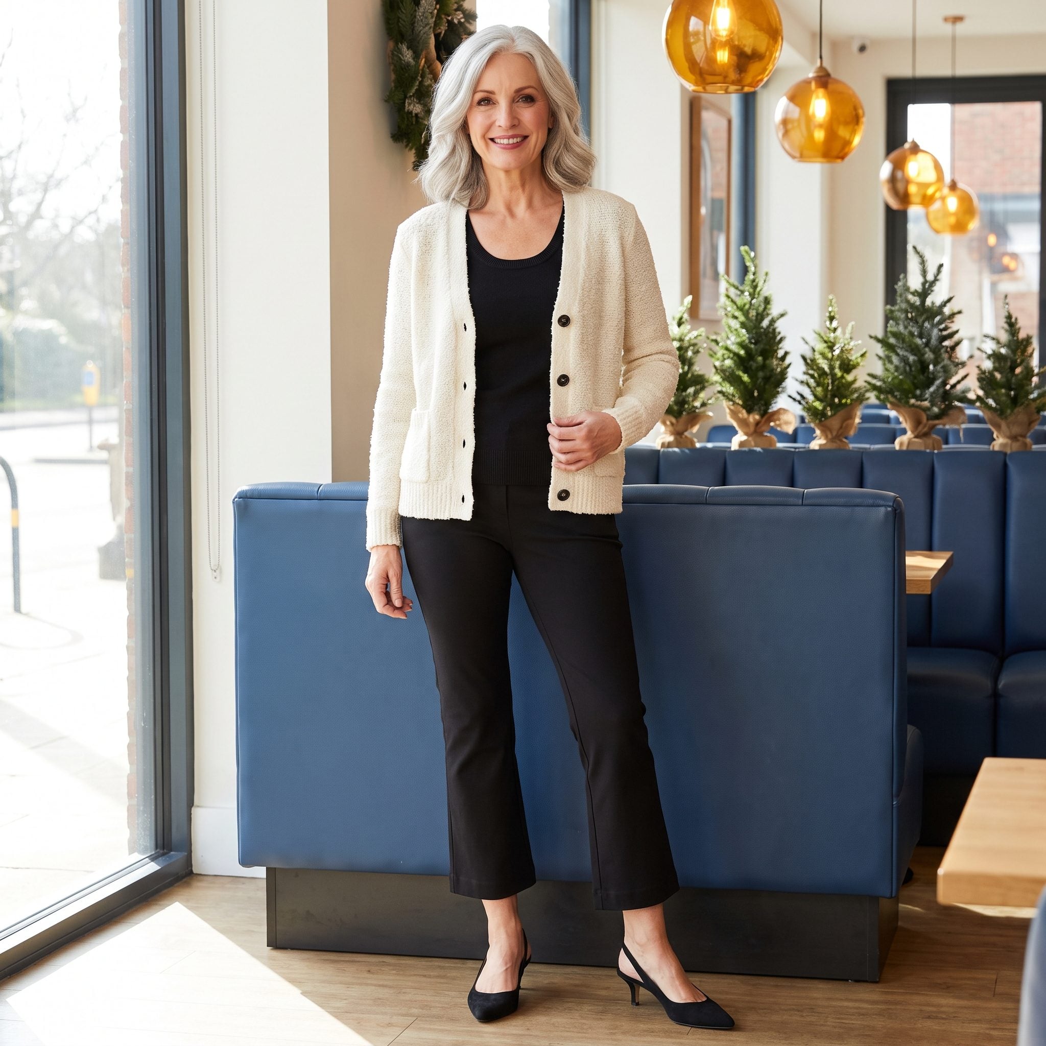 Cream bouclé cardigan with black kick-flare trousers and slingback heels
