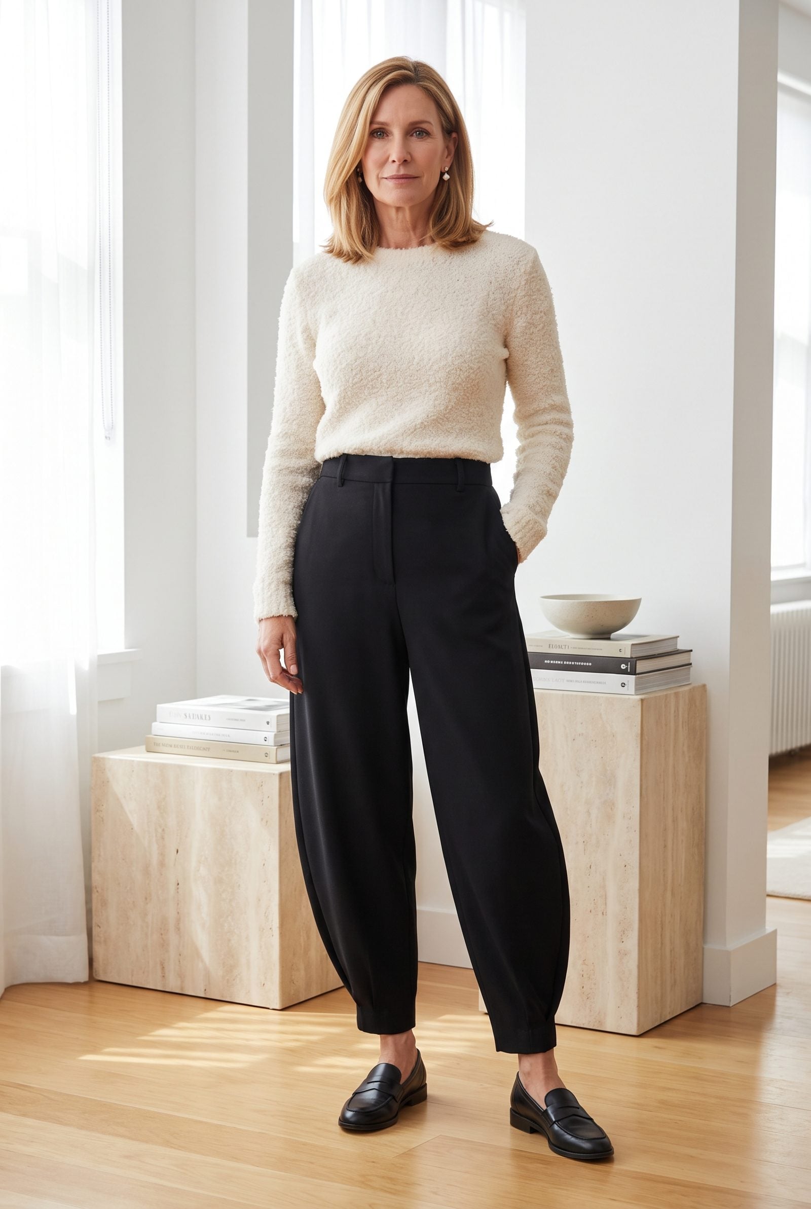 Cream Bouclé Sweater + Black Barrel-Leg Trousers