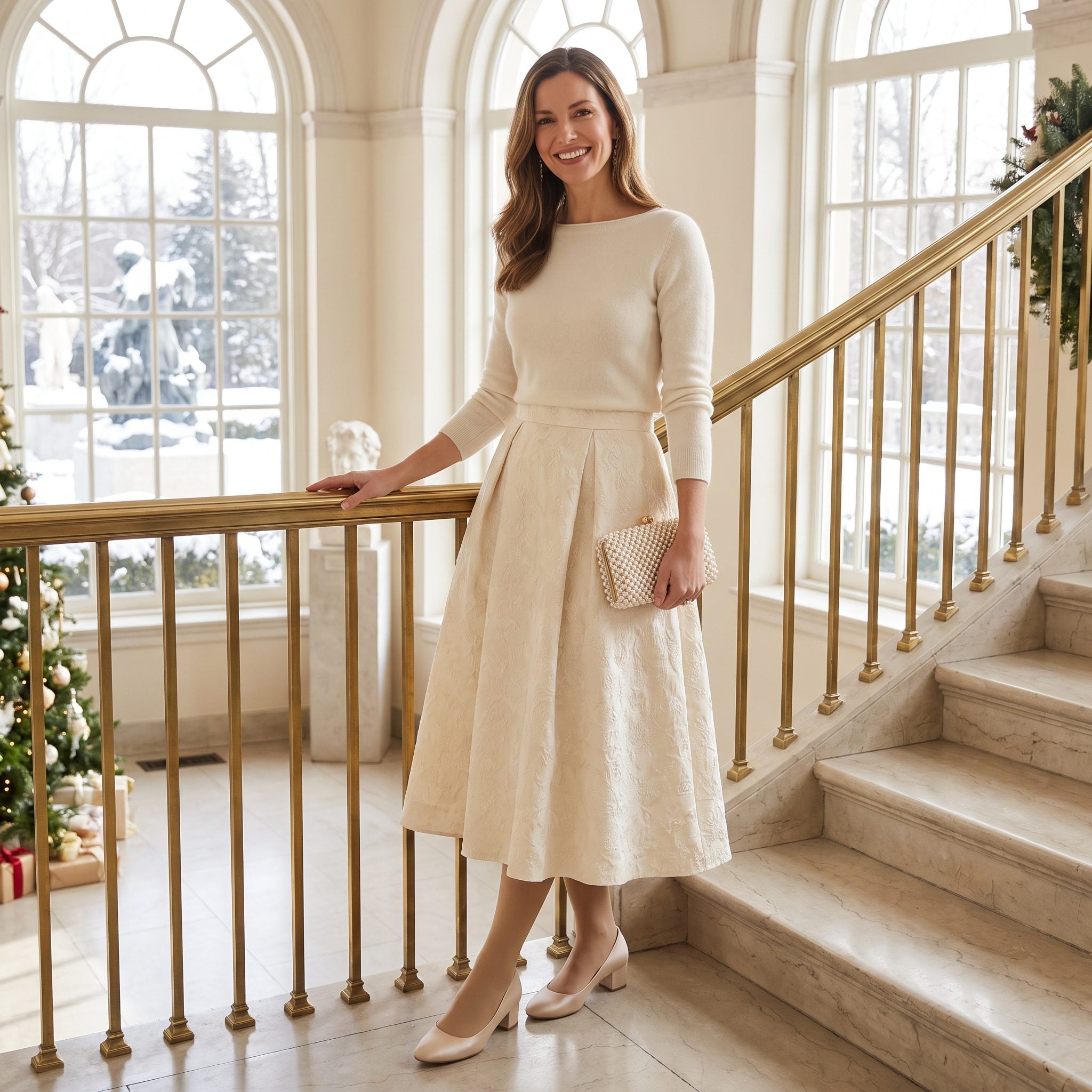 Cream brocade skirt with fine cashmere sweater, champagne pumps, and pearl evening bag