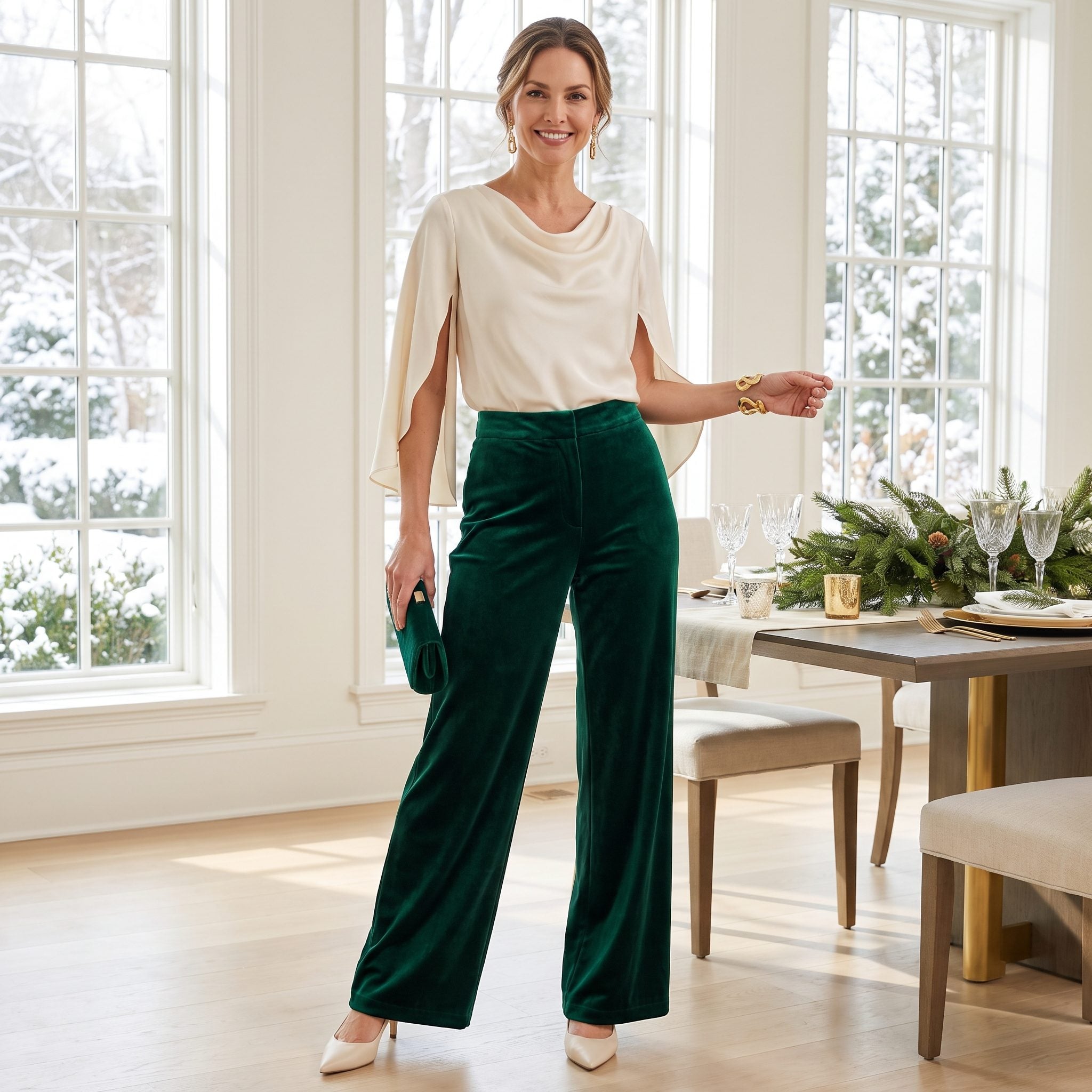 Cream cape-sleeve blouse paired with rich emerald velvet trousers for a holiday outfit