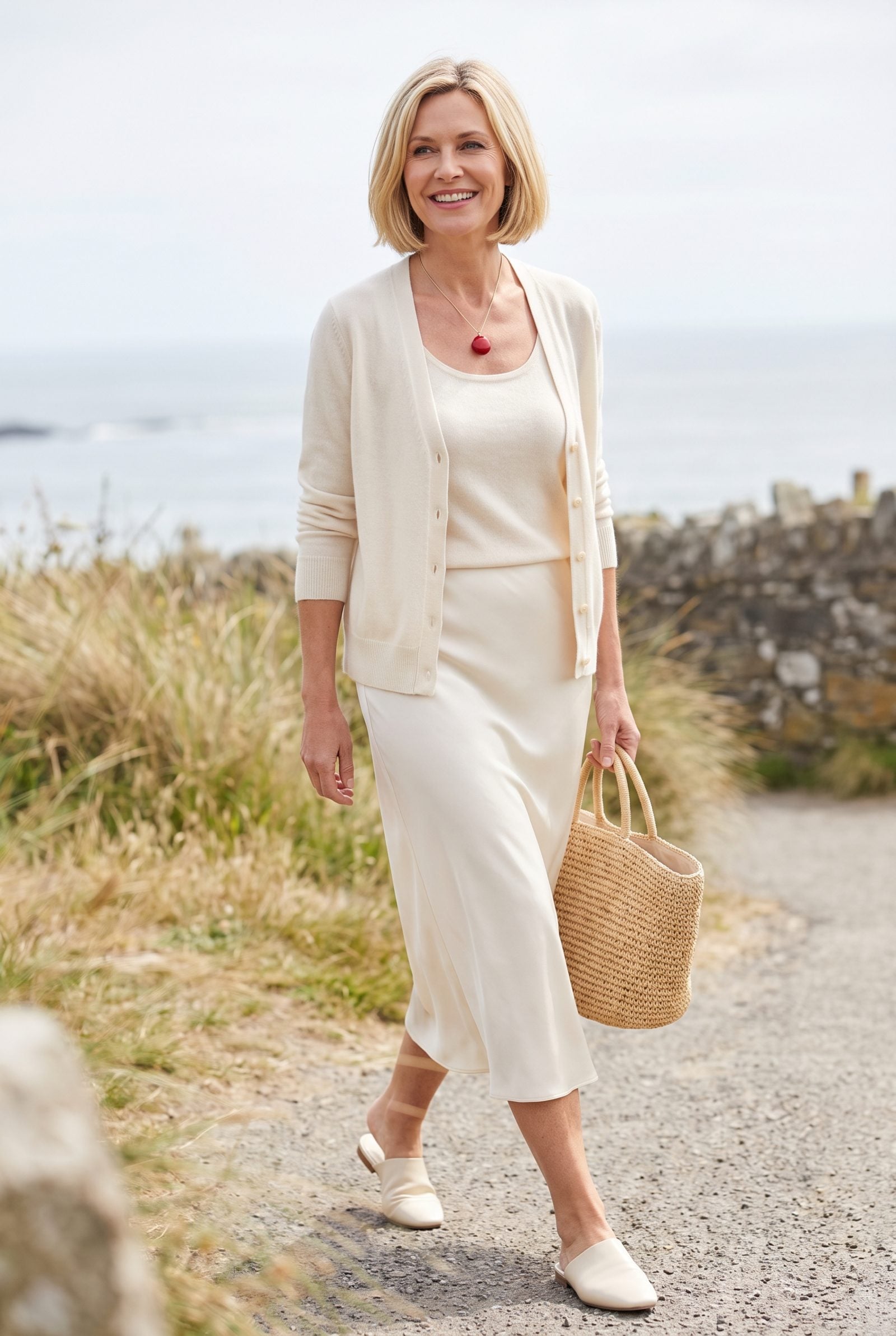 Cream Cardigan Set Lit by a Cherry-Red Pendant