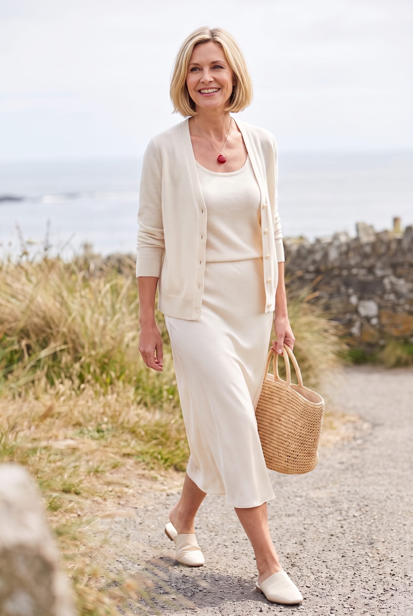 Cream Cardigan Set Lit by a Cherry-Red Pendant