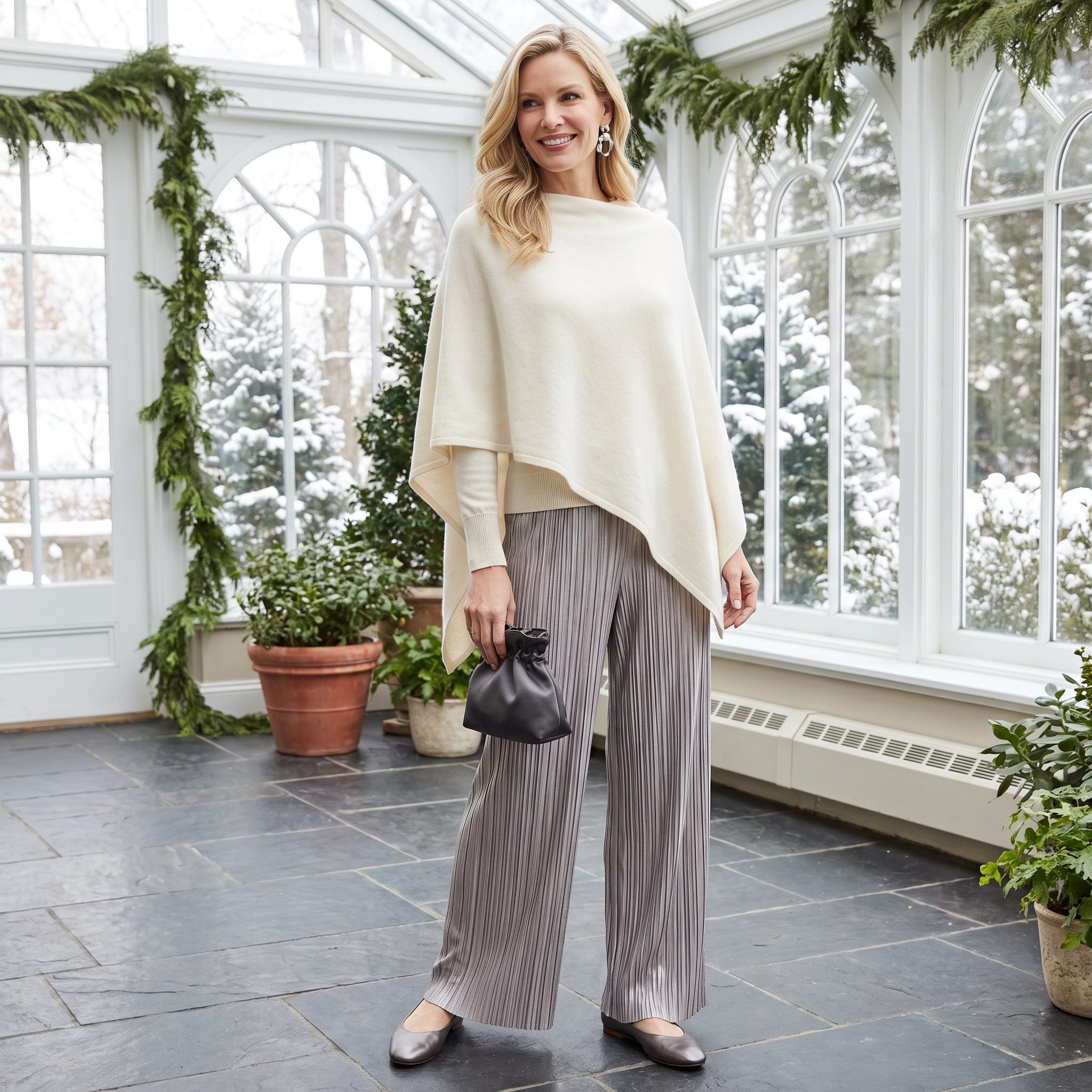 Cream asymmetrical cashmere poncho with shimmering silver micropleated trousers