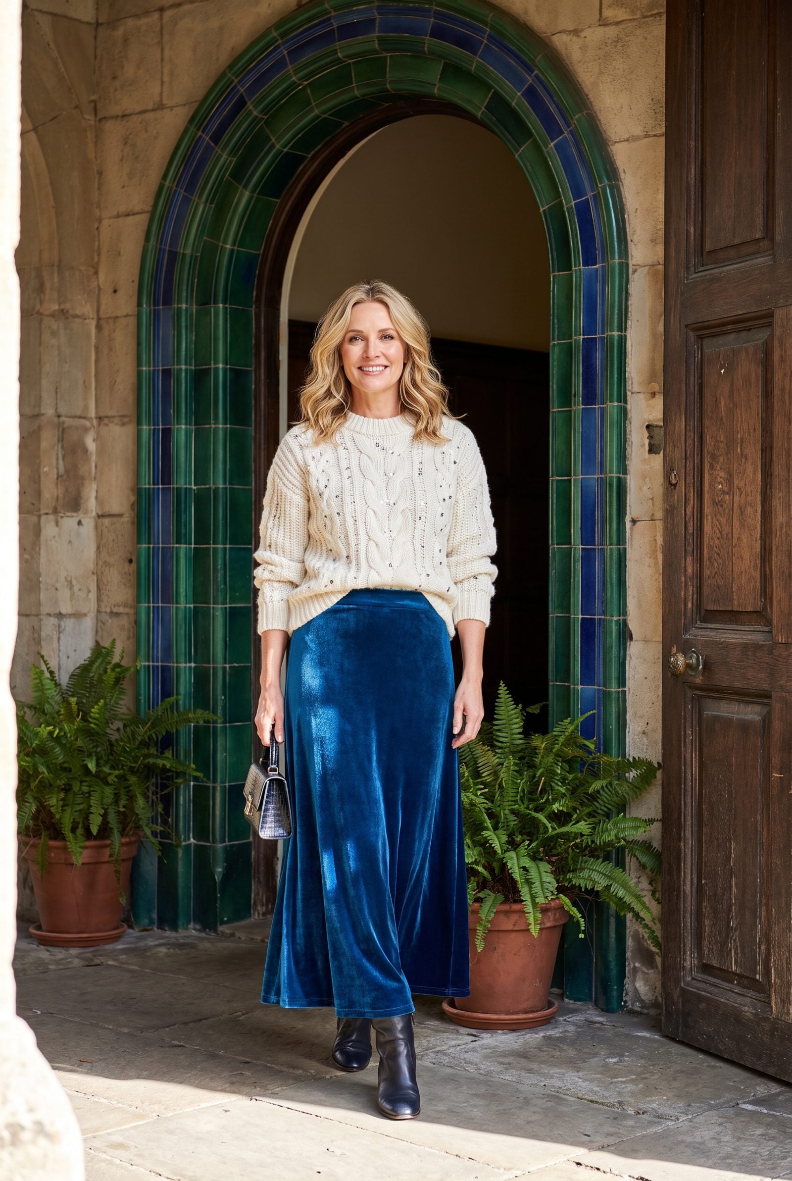 Cream Christmas Knit With a Jewel-Tone Velvet Skirt