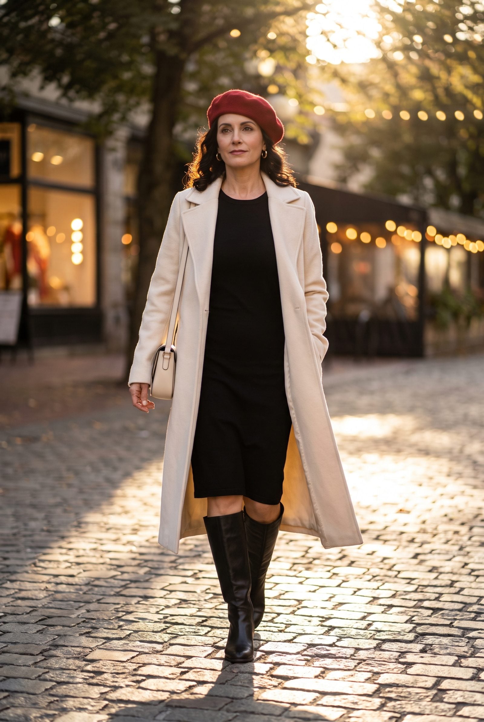 Cream Coat Over a Black Dress With a Red Beret