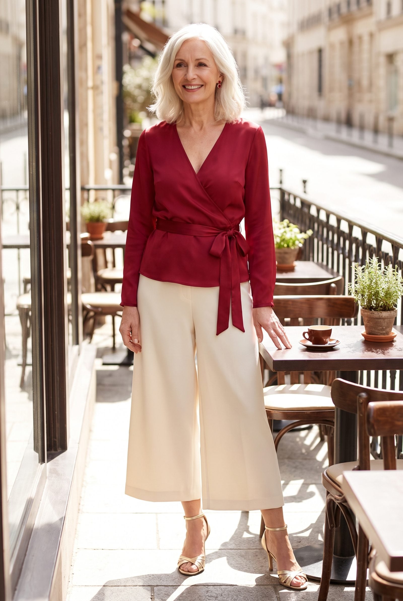 Cream Culottes With a Ruby Wrap Top