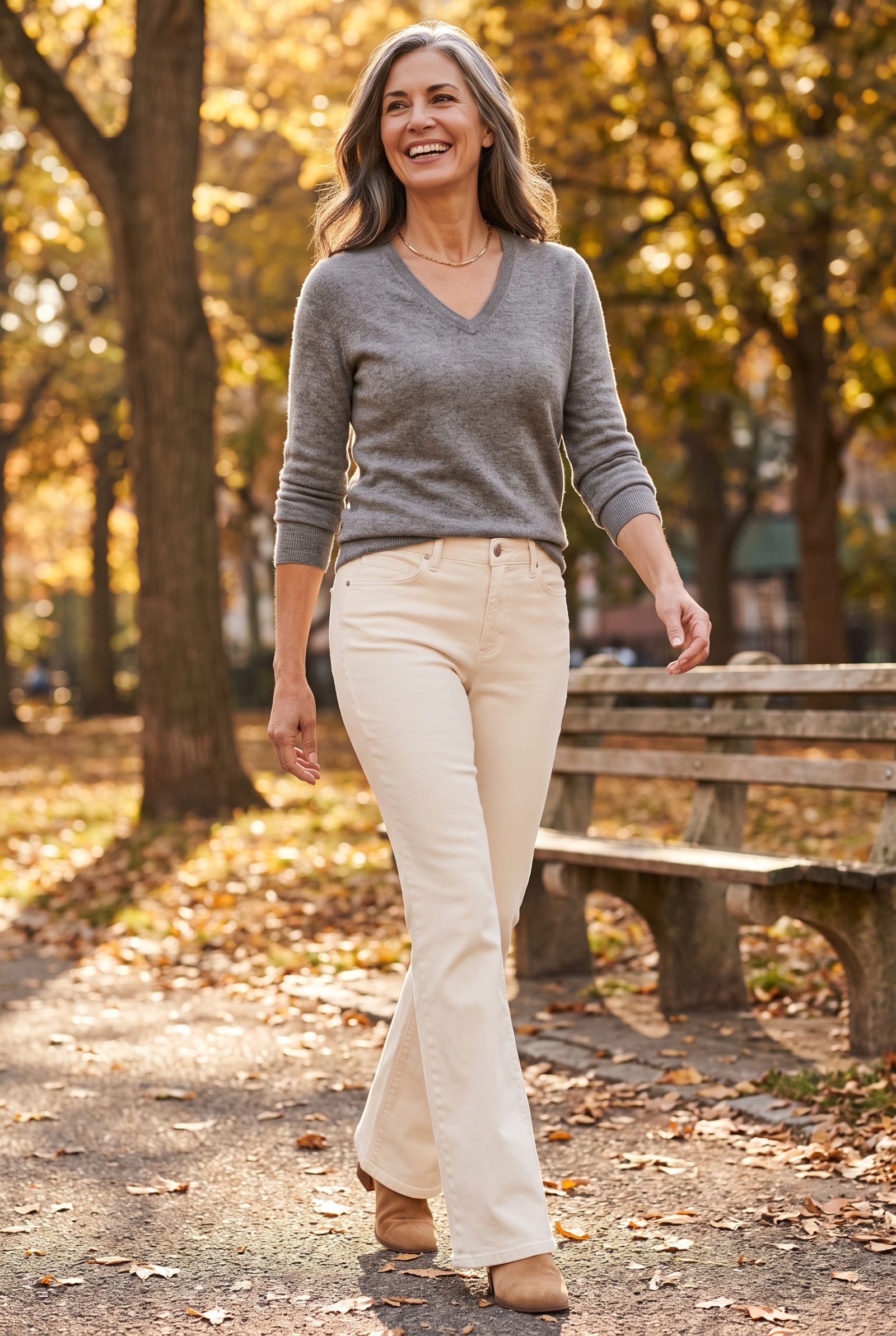 Cream Flare Jeans + Heather-Gray V-Neck