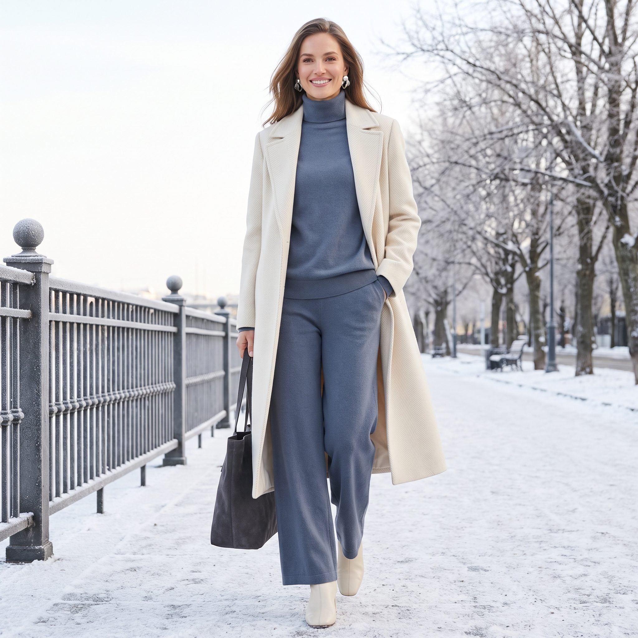 Cream herringbone coat draped over slate-blue knit and trousers with matching blue boots