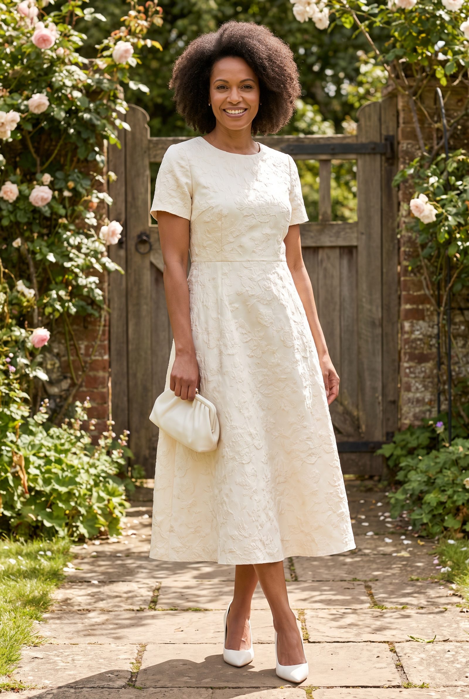 Cream Jacquard Dress With Pearl-White Accessories