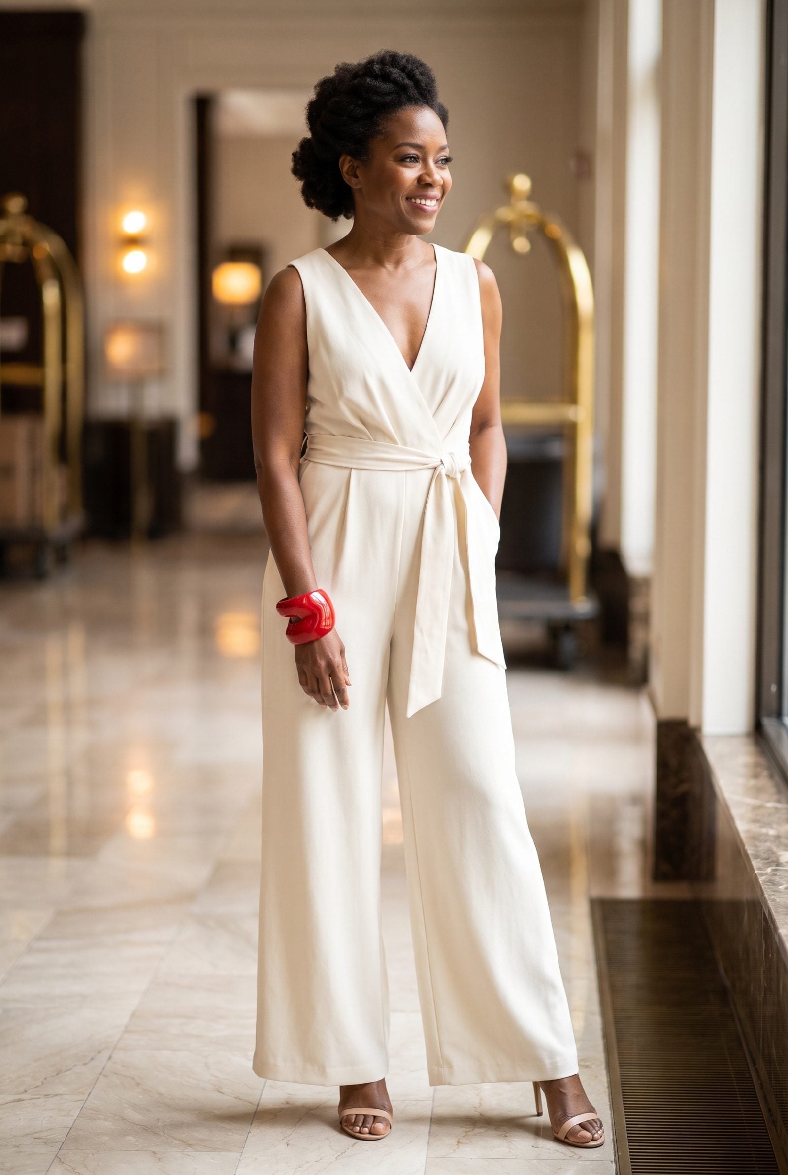 Cream Jumpsuit With a Red Sculptural Cuff