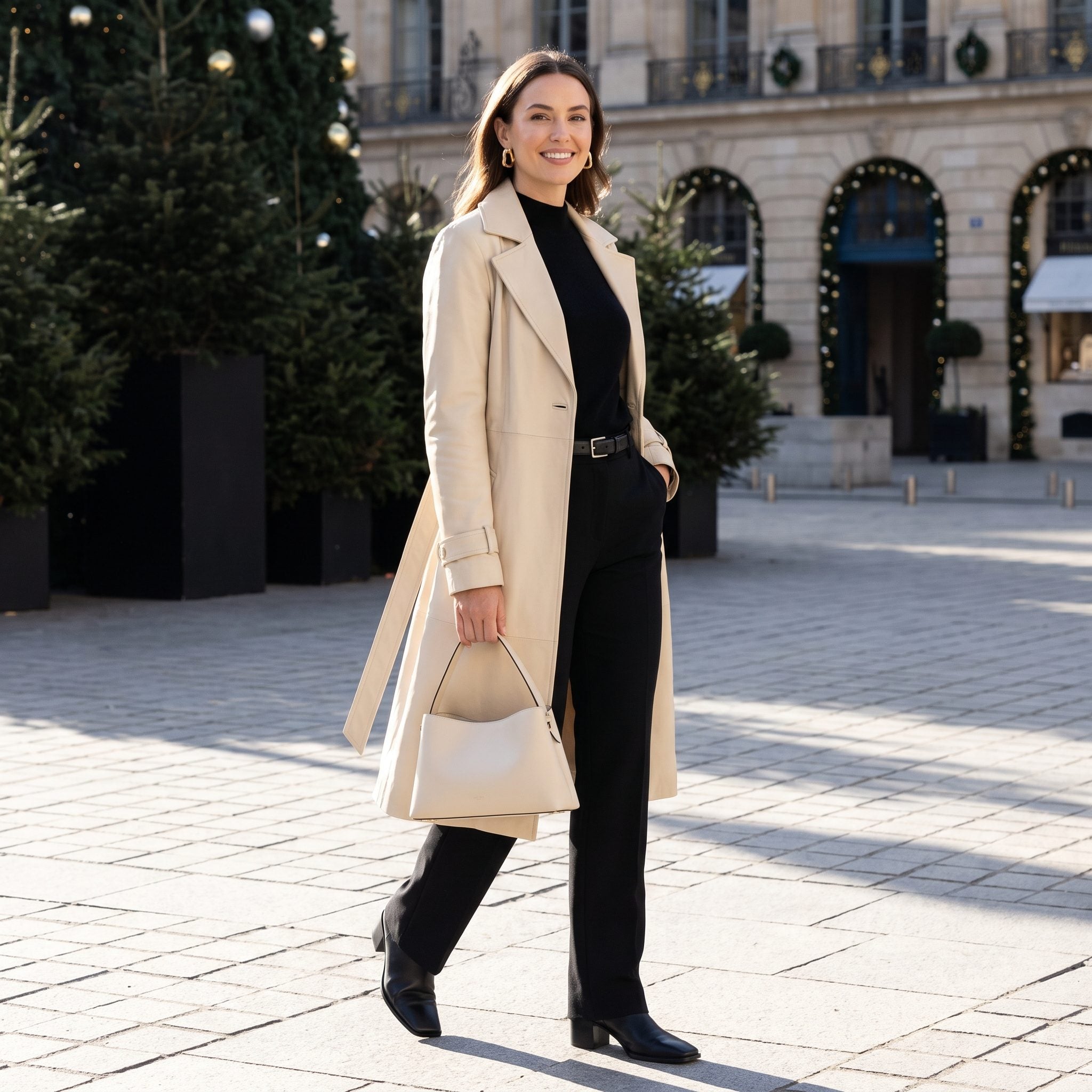 Long cream leather trench coat styled open over black knit separates