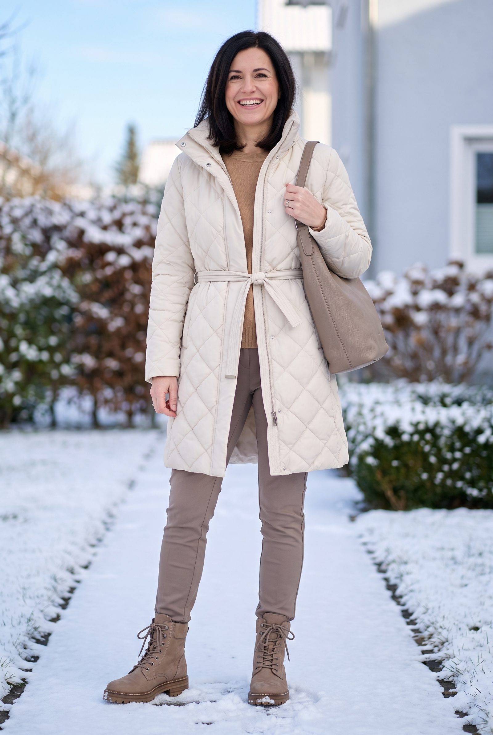 Cream Quilted Coat + Taupe Weatherproof Boots