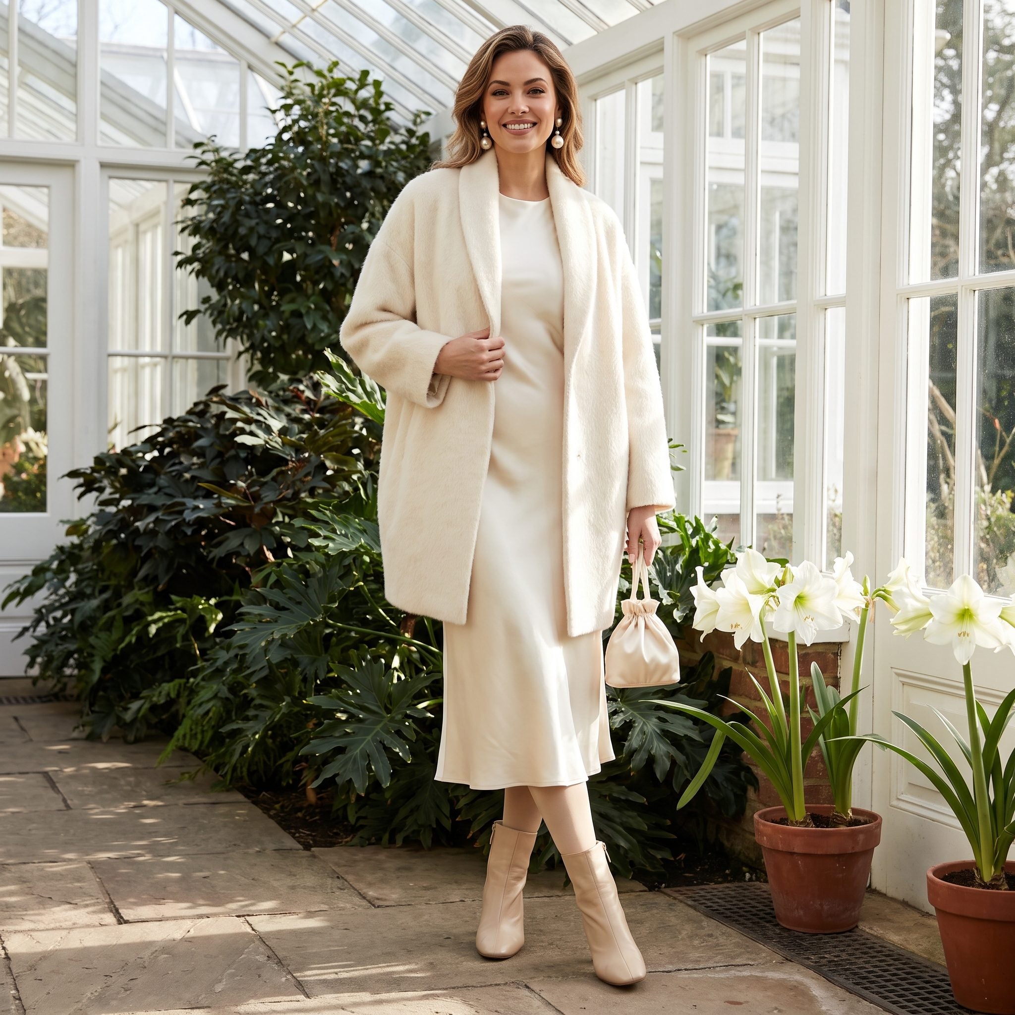 Cream satin midi dress beneath a soft alpaca cocoon coat for elegant winter eveningwear