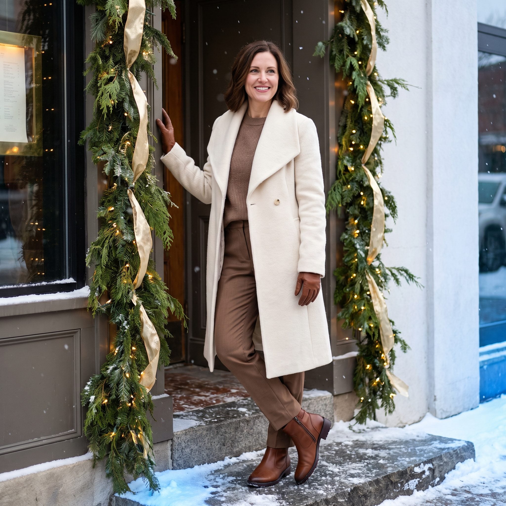 Cream shawl-collar coat with brown ankle snow boots