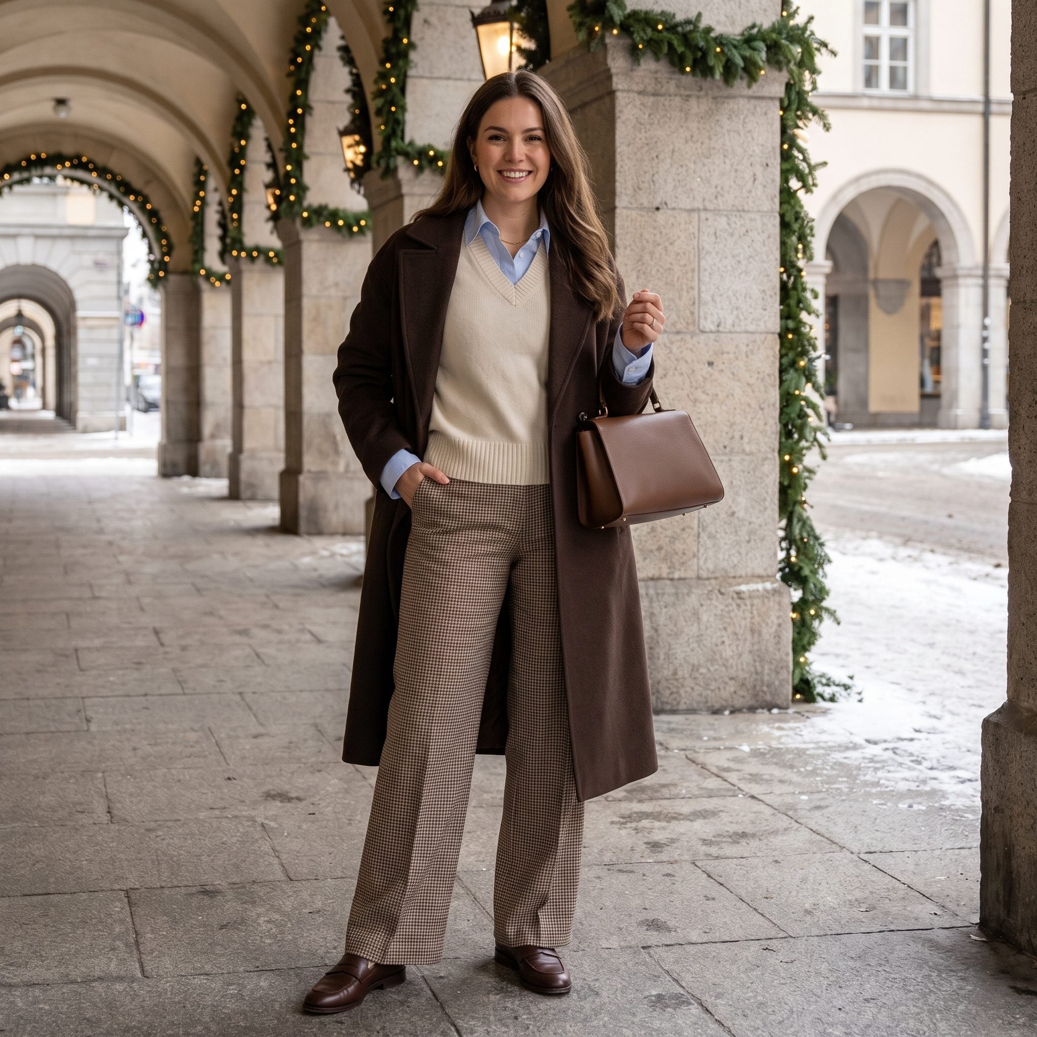 Cream cashmere sweater vest over pale-blue shirt with brown-and-cream checked wide-leg trousers