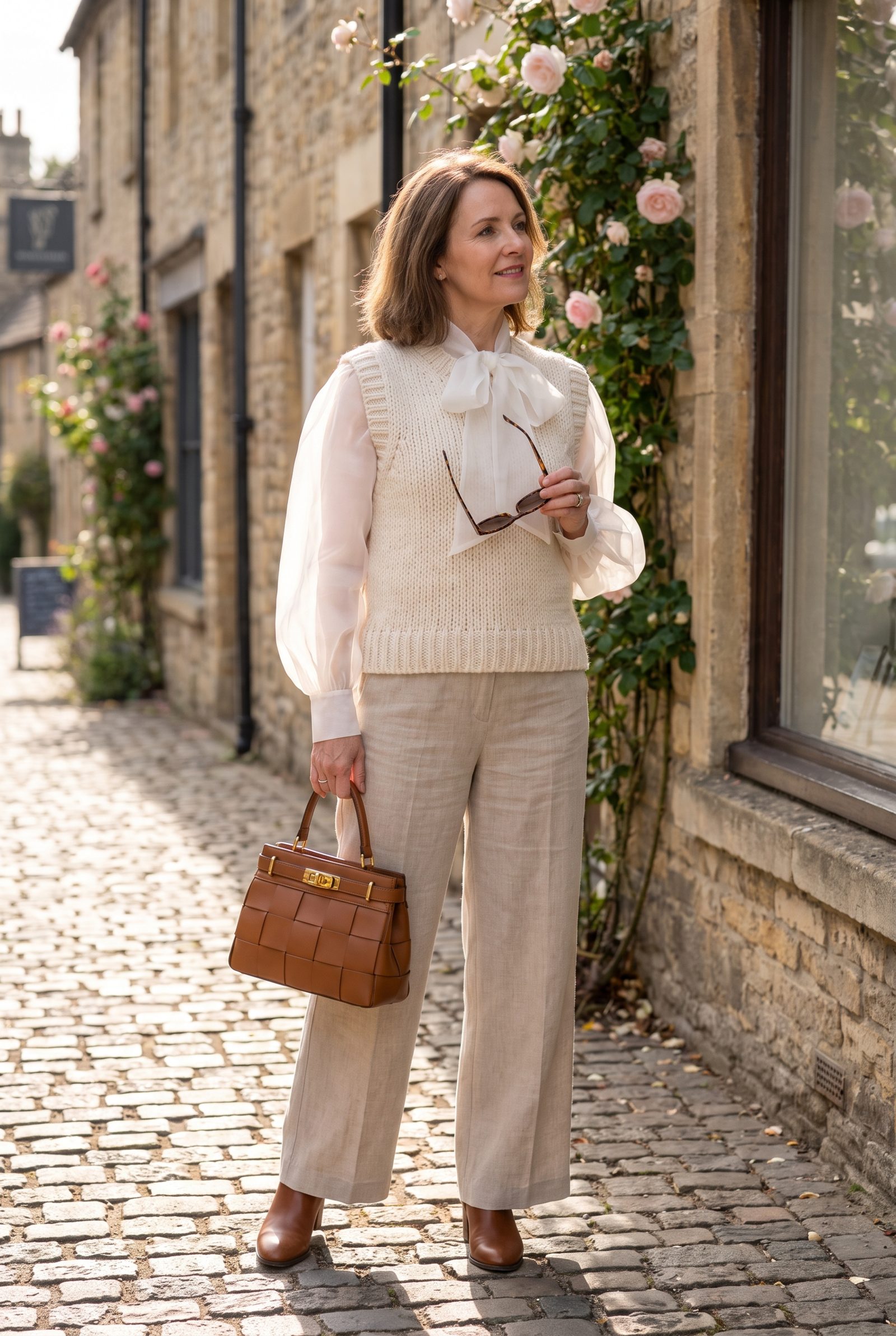 Cream Sweater Vest Over a White Organza Blouse