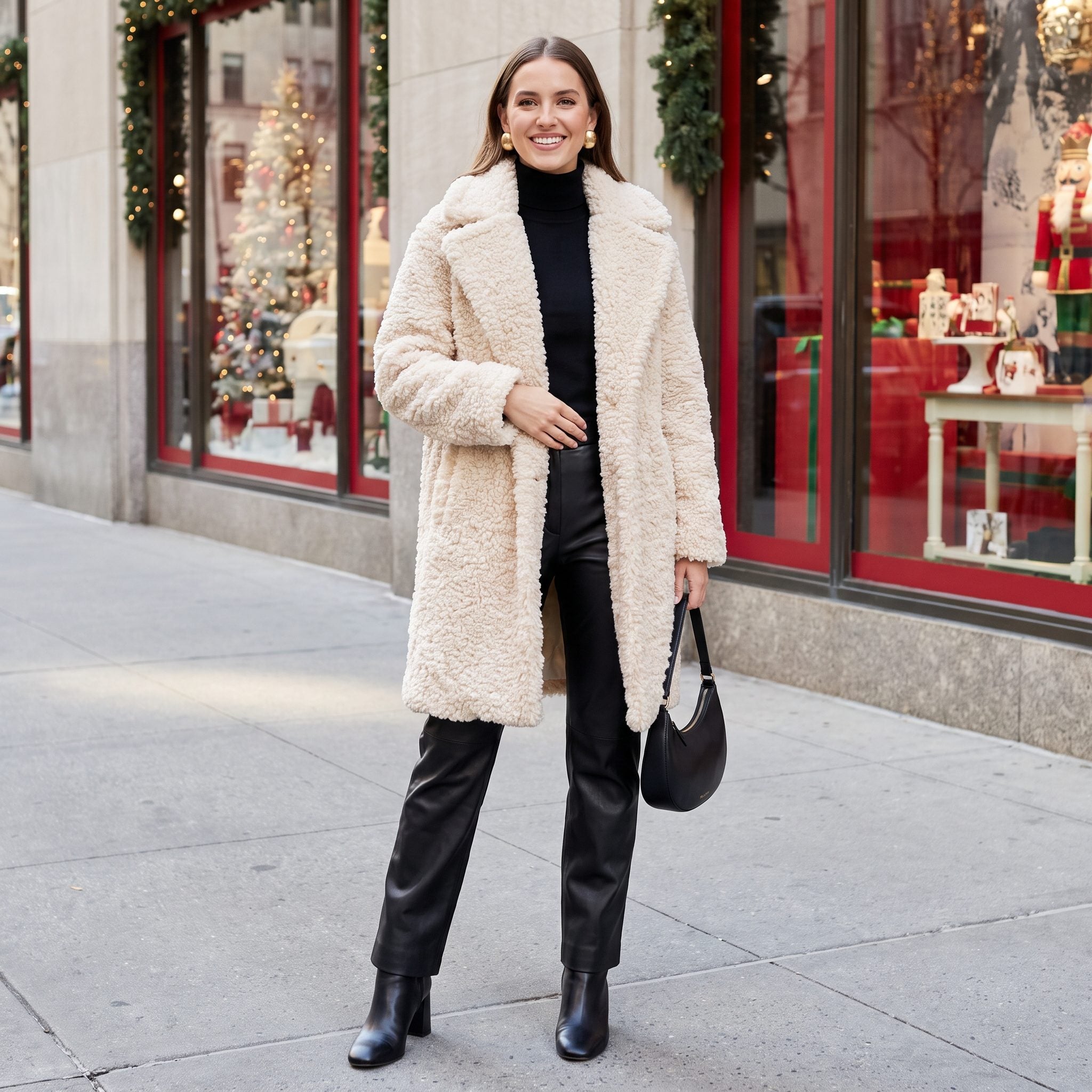 Cream teddy coat worn over sleek black knit and leather separates with gold earrings