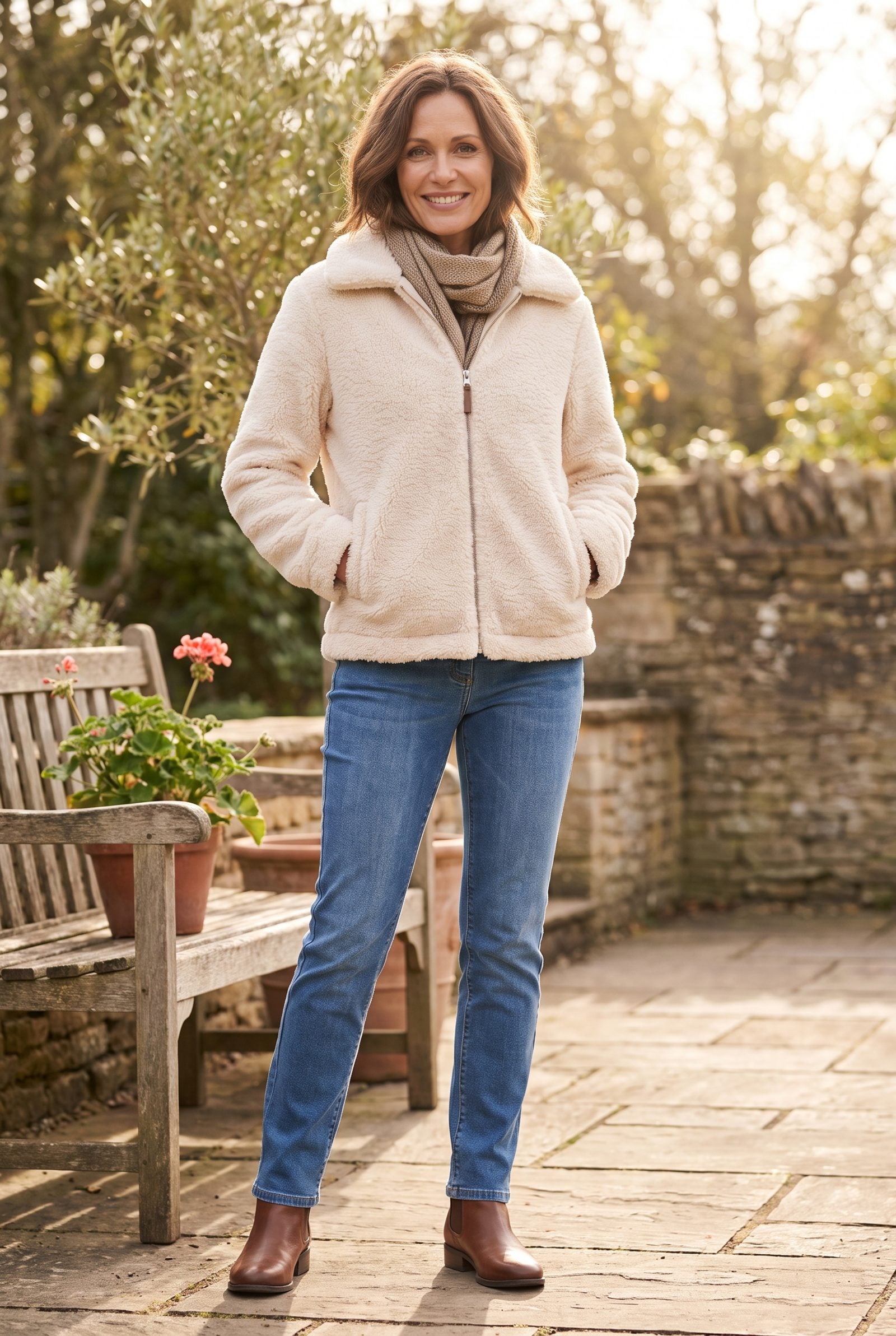 Cream Teddy Jacket With Medium-Wash Slim-Straight Jeans