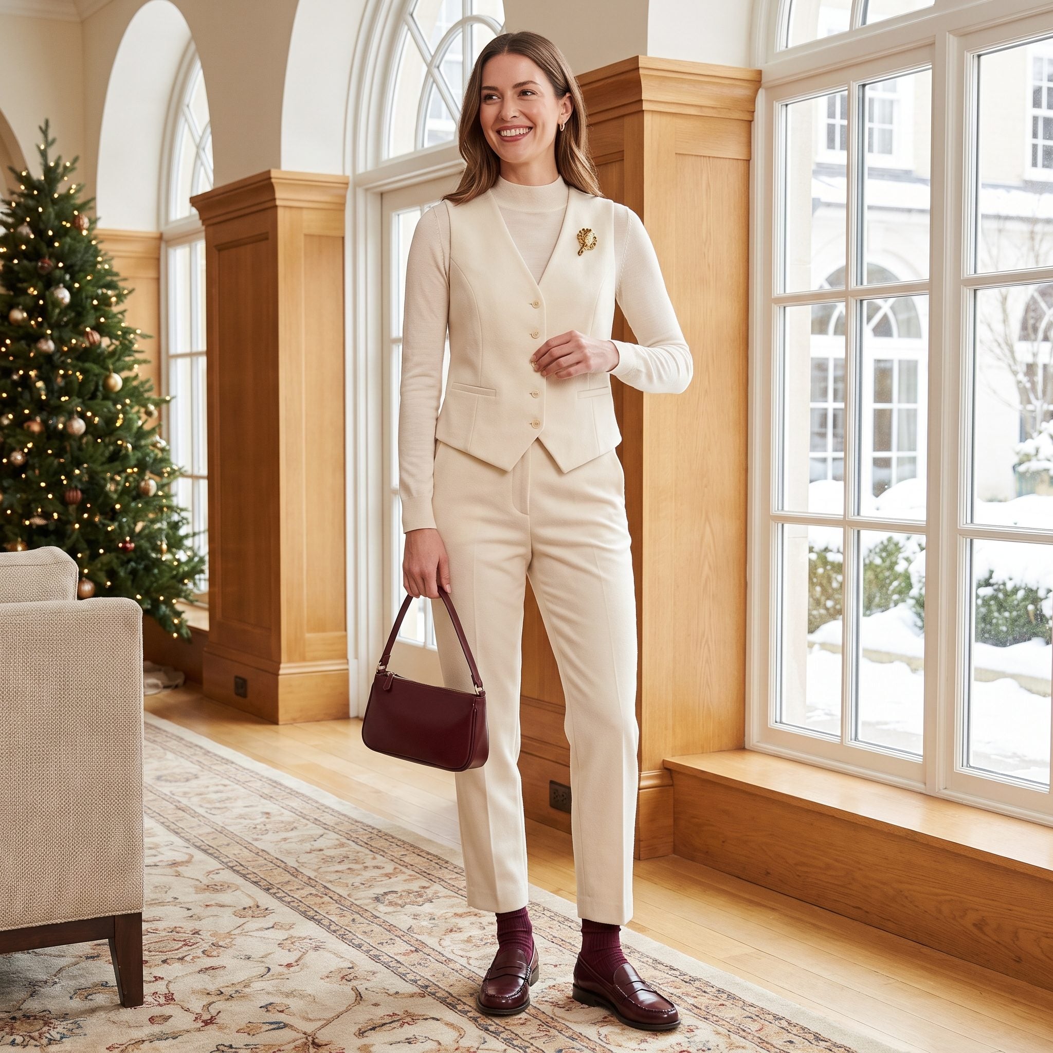 Cream tailored waistcoat and cropped trousers with burgundy penny loafers
