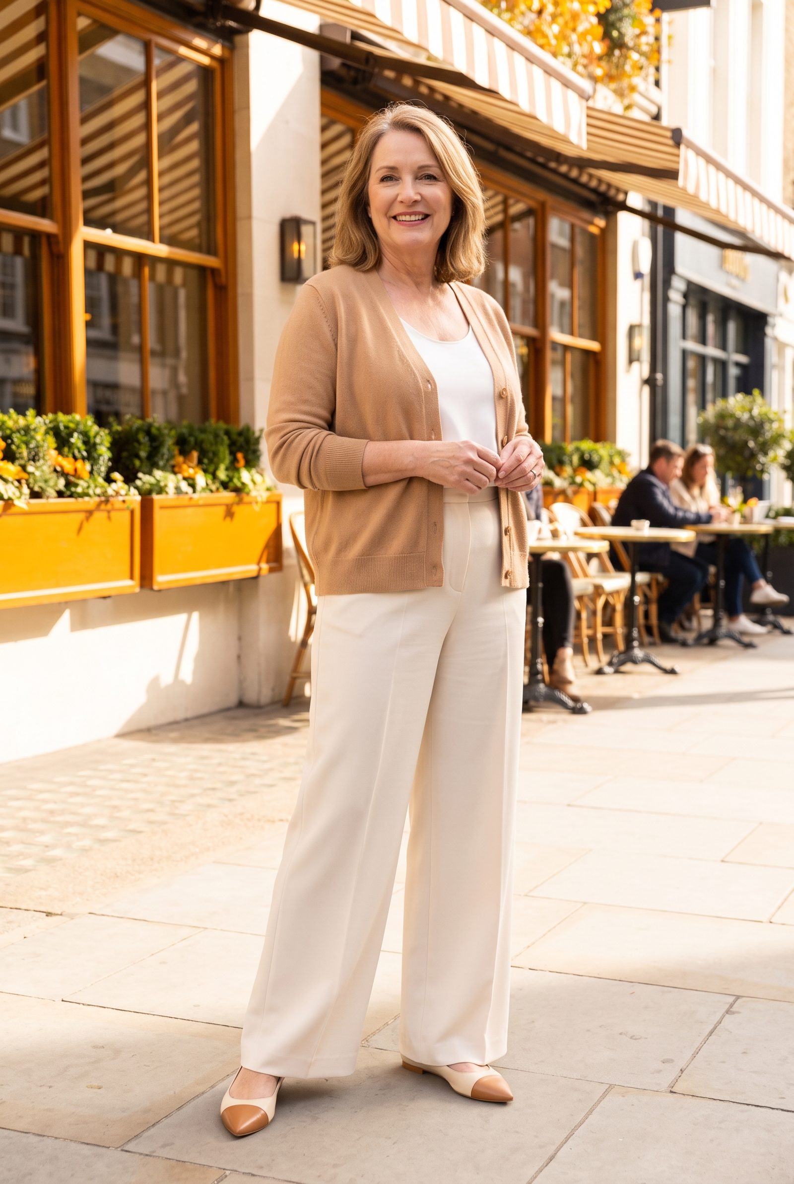 Cream Wide-Leg Trousers With Two-Tone Cap-Toe Flats