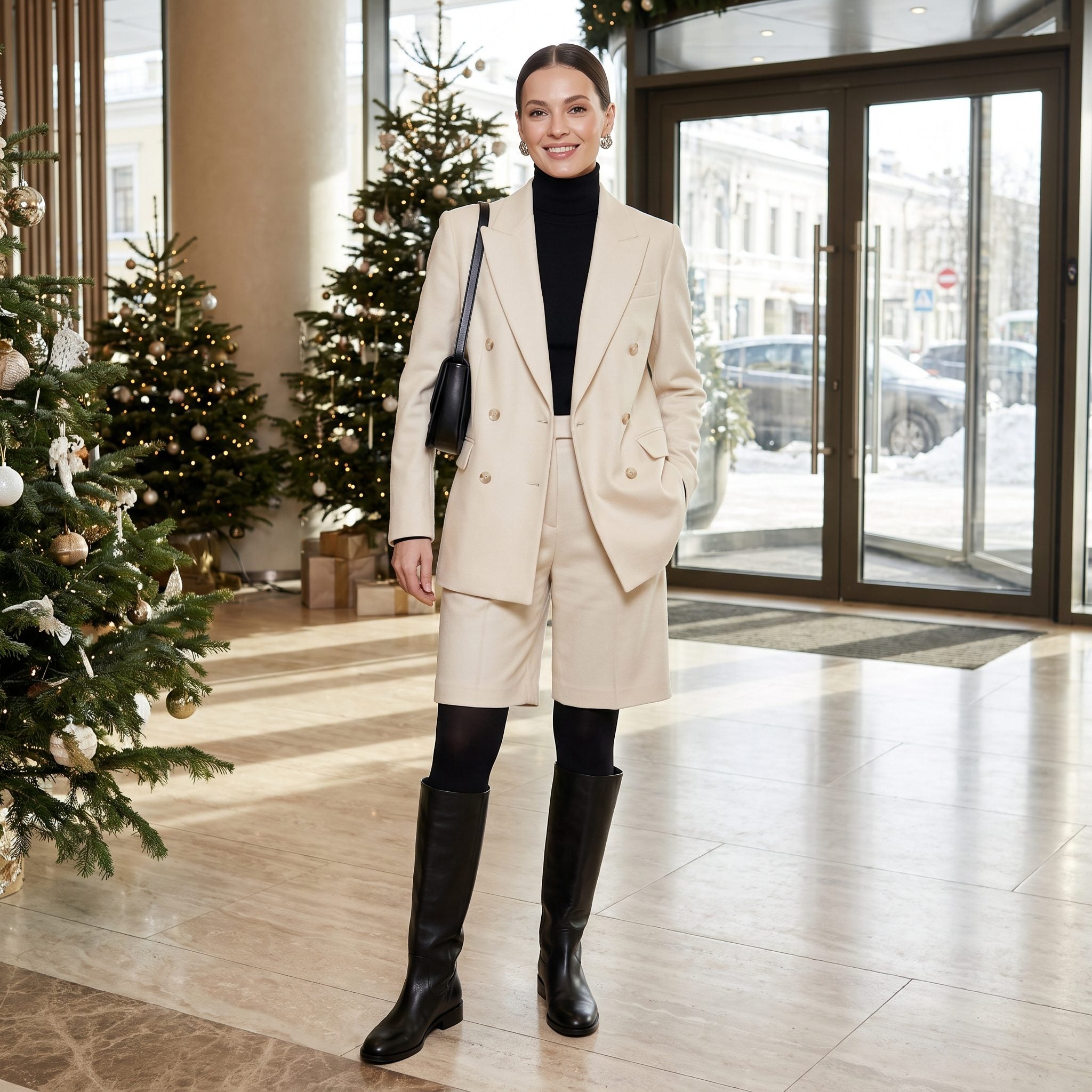 Cream tailored Bermuda shorts suit with black turtleneck, opaque tights, and knee-high boots