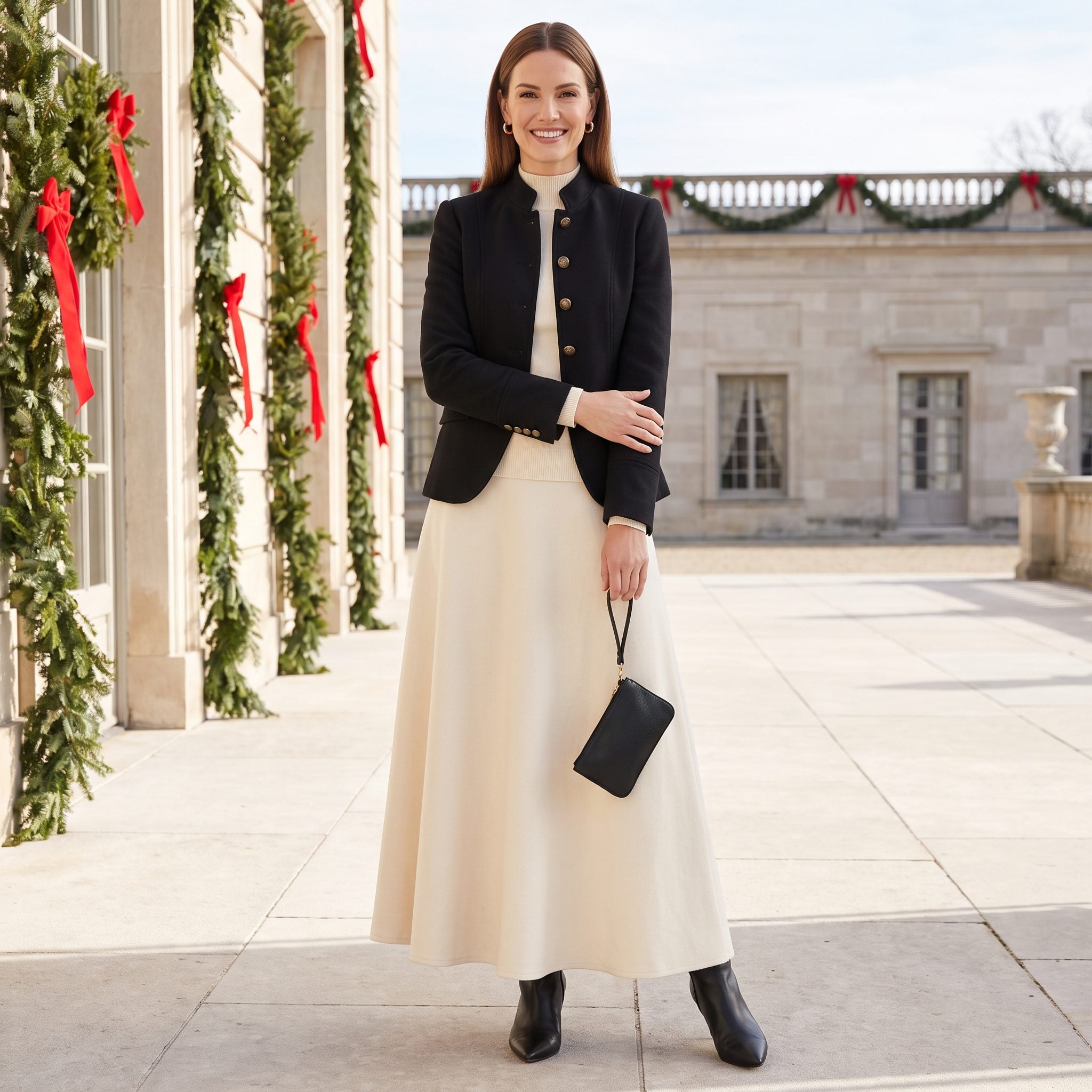 Long cream wool maxi skirt with cropped black military jacket and dark boots