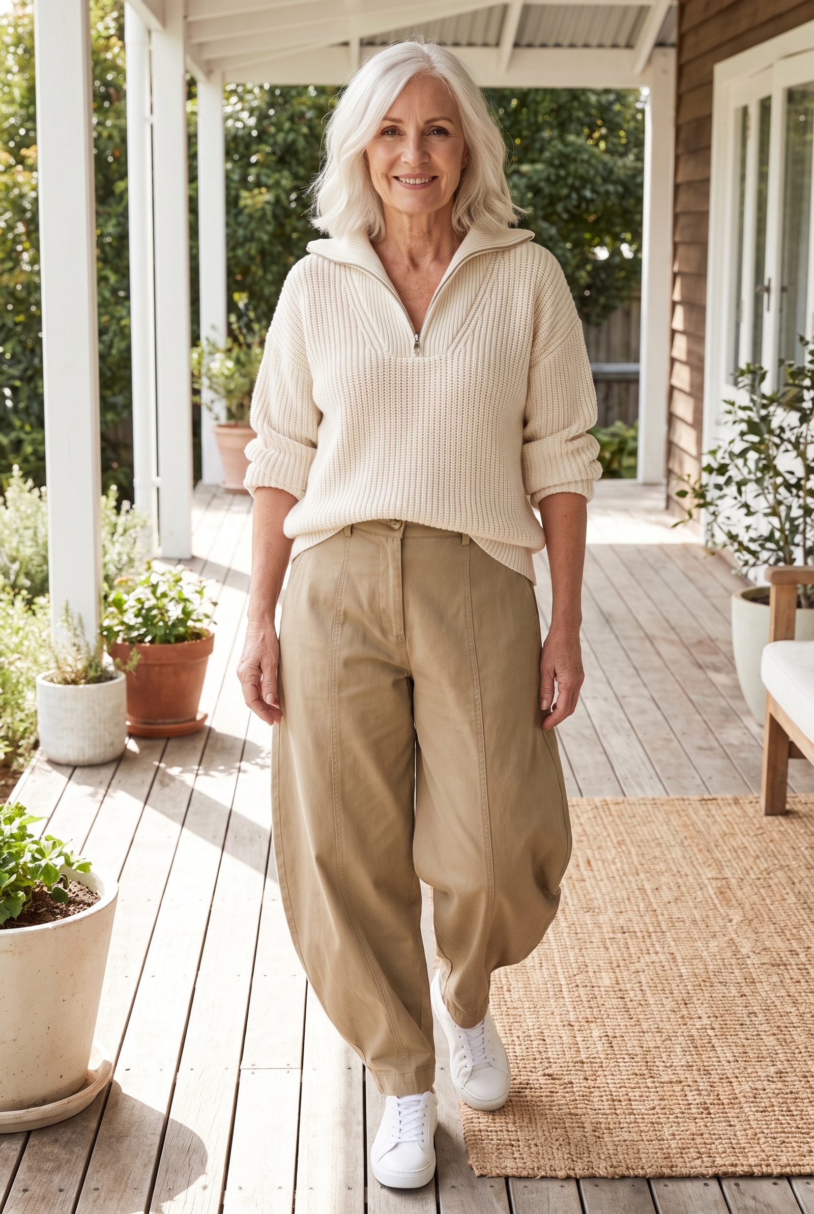 Cream Zip-Neck Sweater + Khaki Horseshoe Pants