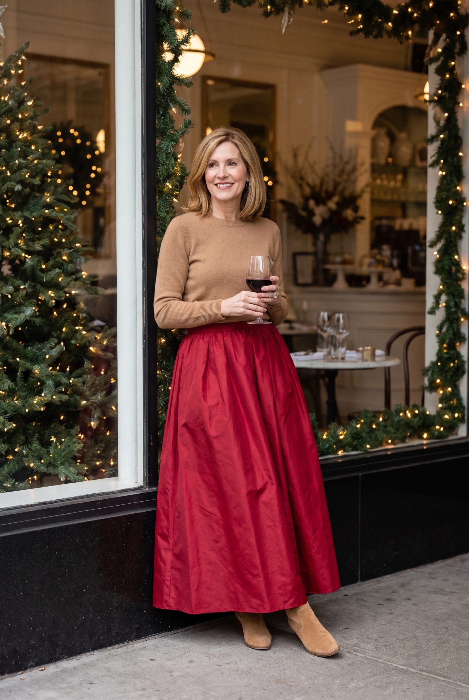 Crewneck Sweater With a Full Taffeta Skirt