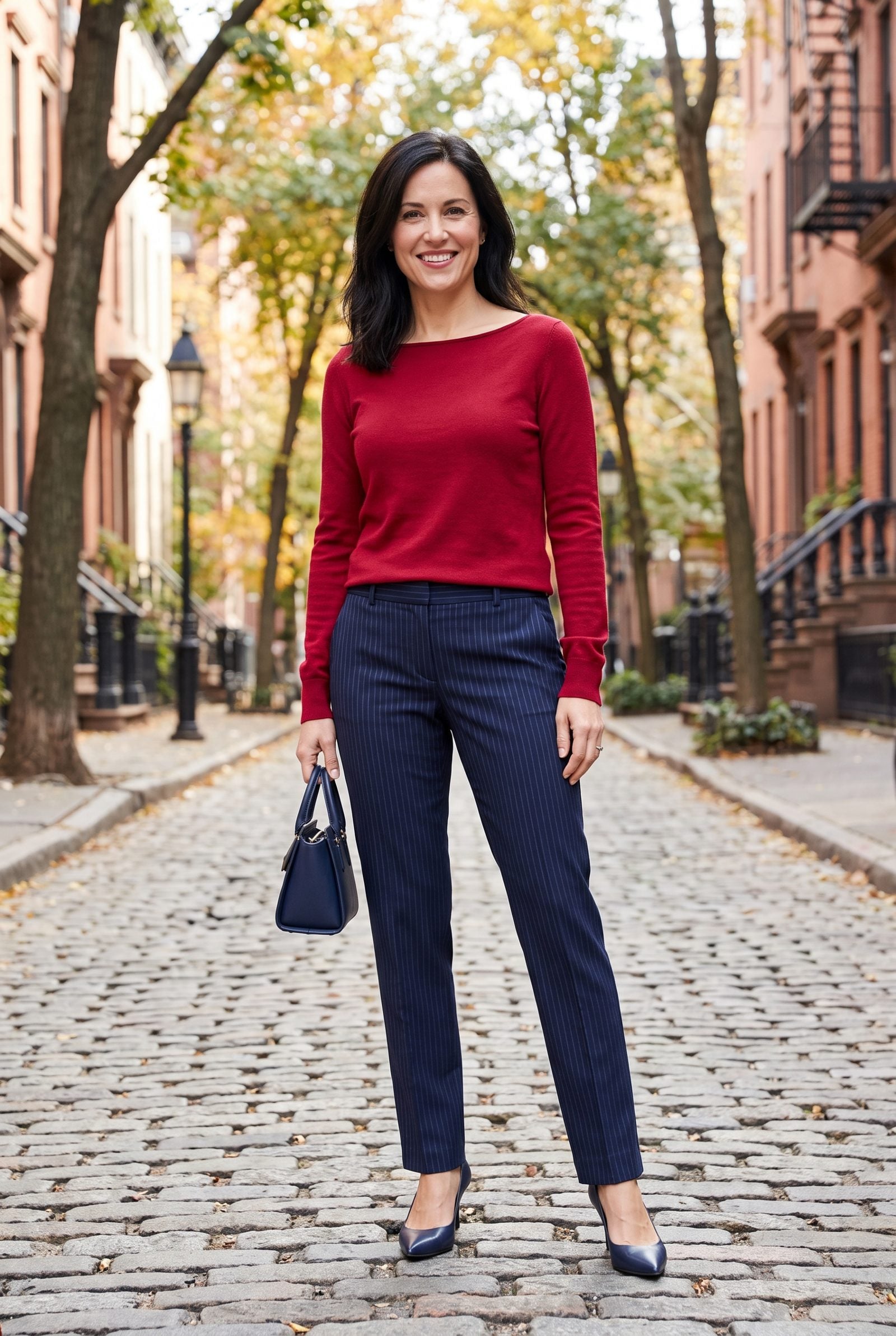 Crimson Boatneck Sweater + Navy Pinstripe Pants