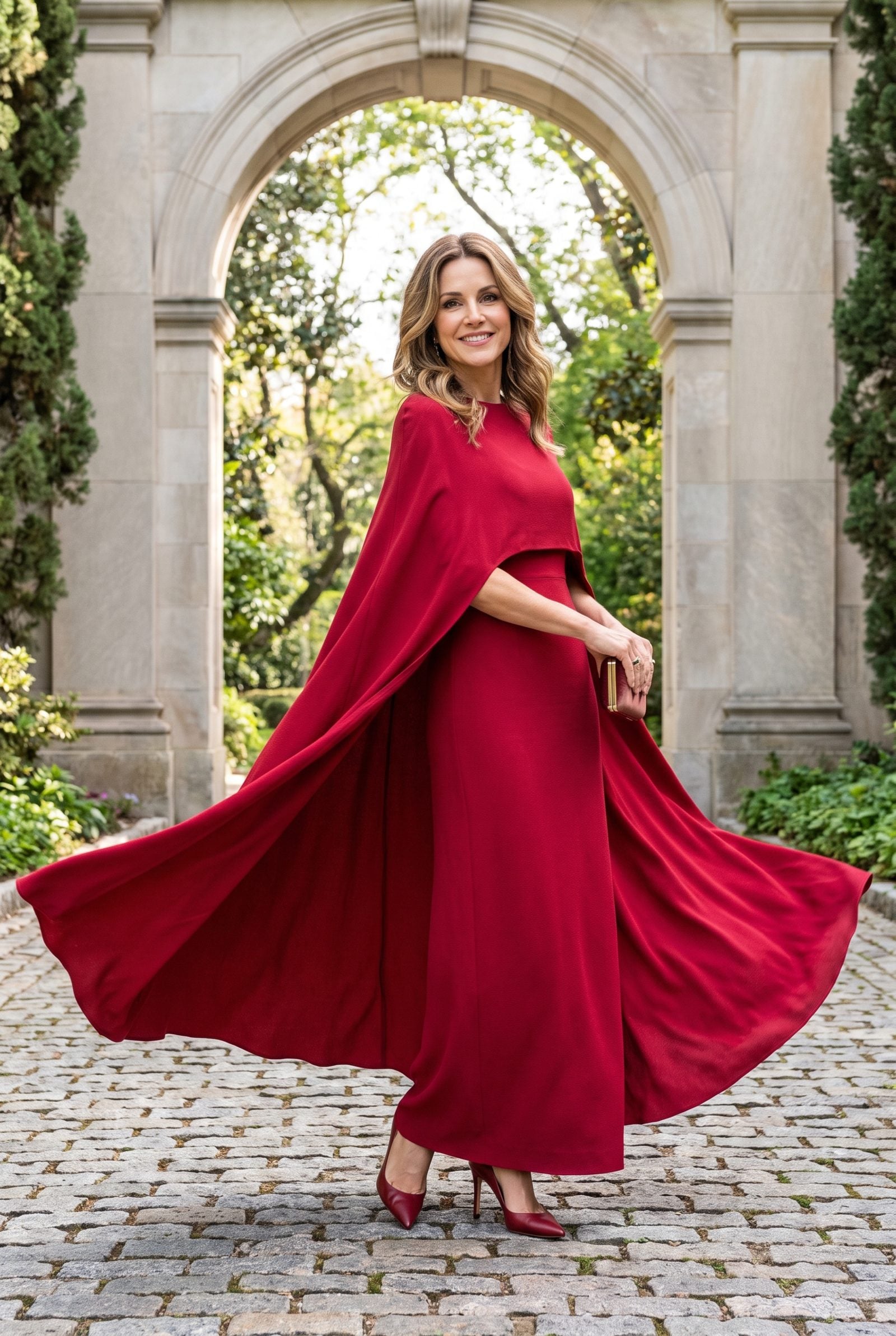 Crimson Crepe Column Dress with a Cape