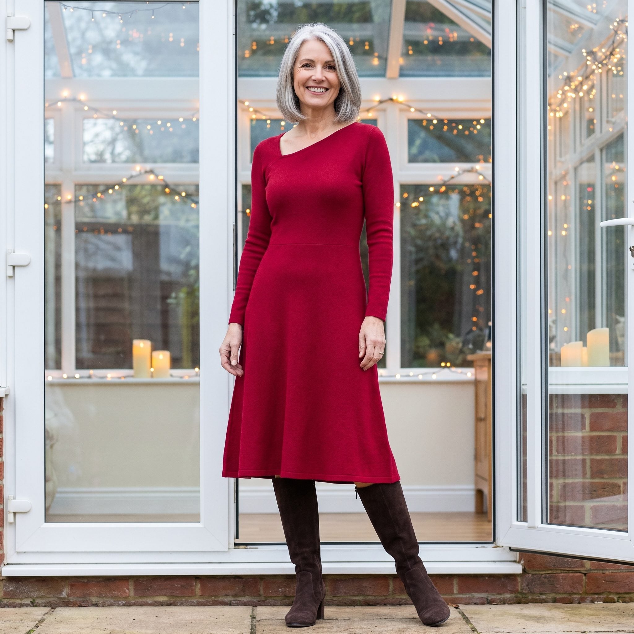 Crimson knit dress with an asymmetric neckline and tall suede boots