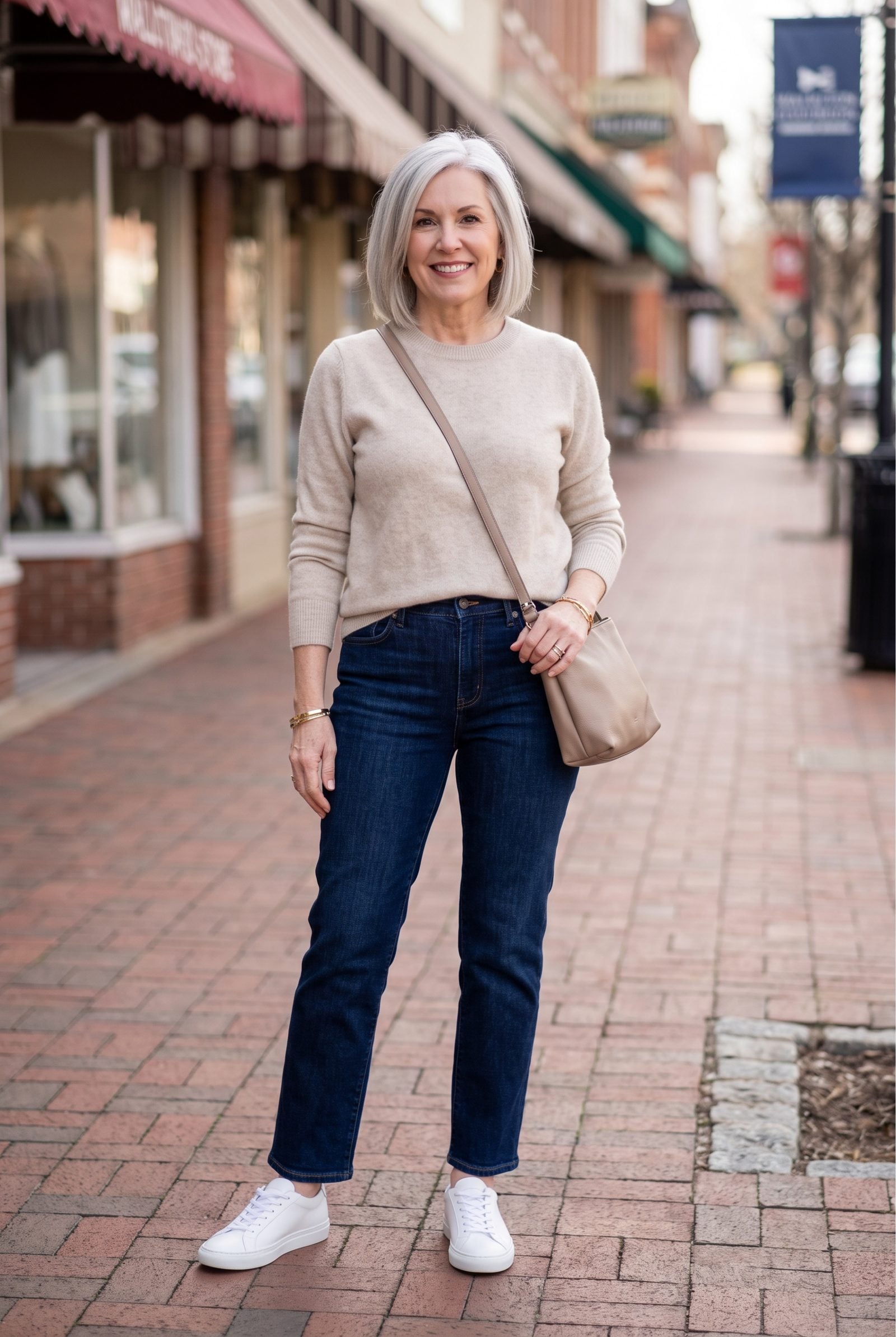 Crisp White Leather Sneakers With an Oatmeal Cashmere Crew and Dark Straight-Leg Jeans